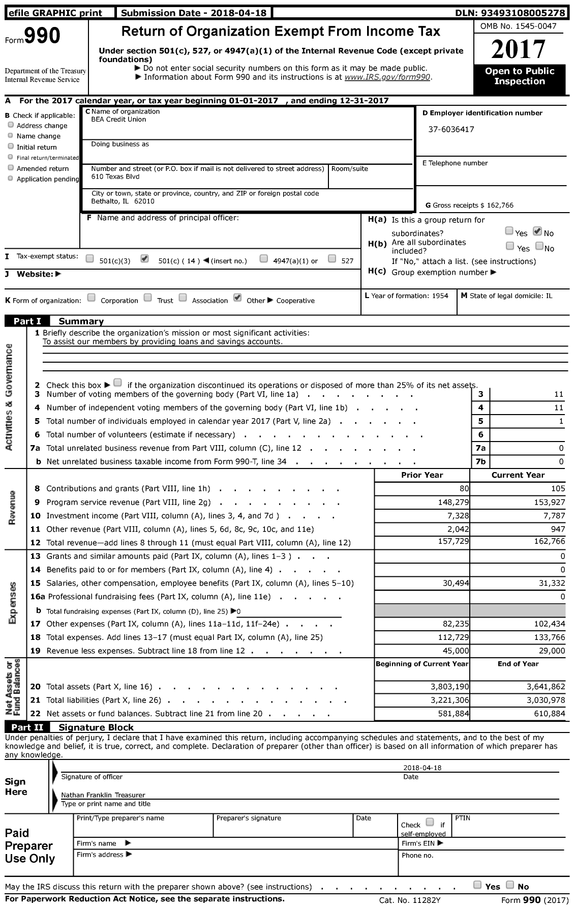 Image of first page of 2017 Form 990 for BEA Credit Union