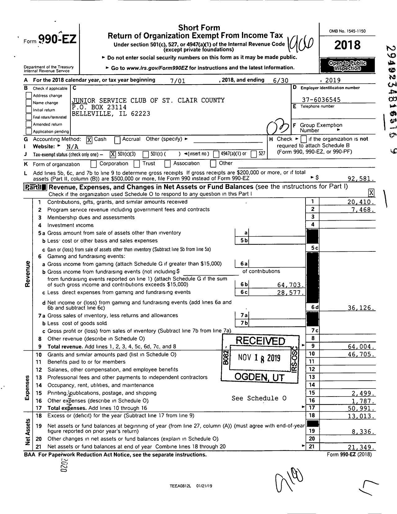 Image of first page of 2018 Form 990EZ for Junior Service Club of St Clair County