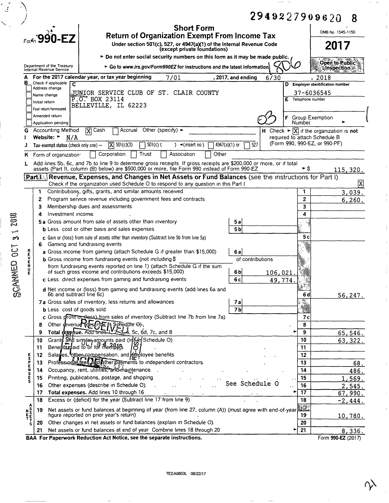 Image of first page of 2017 Form 990EZ for Junior Service Club of St Clair County