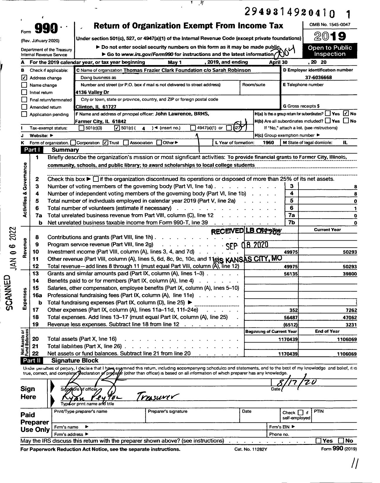 Image of first page of 2019 Form 990O for Thomas Frazier Clark Foundation