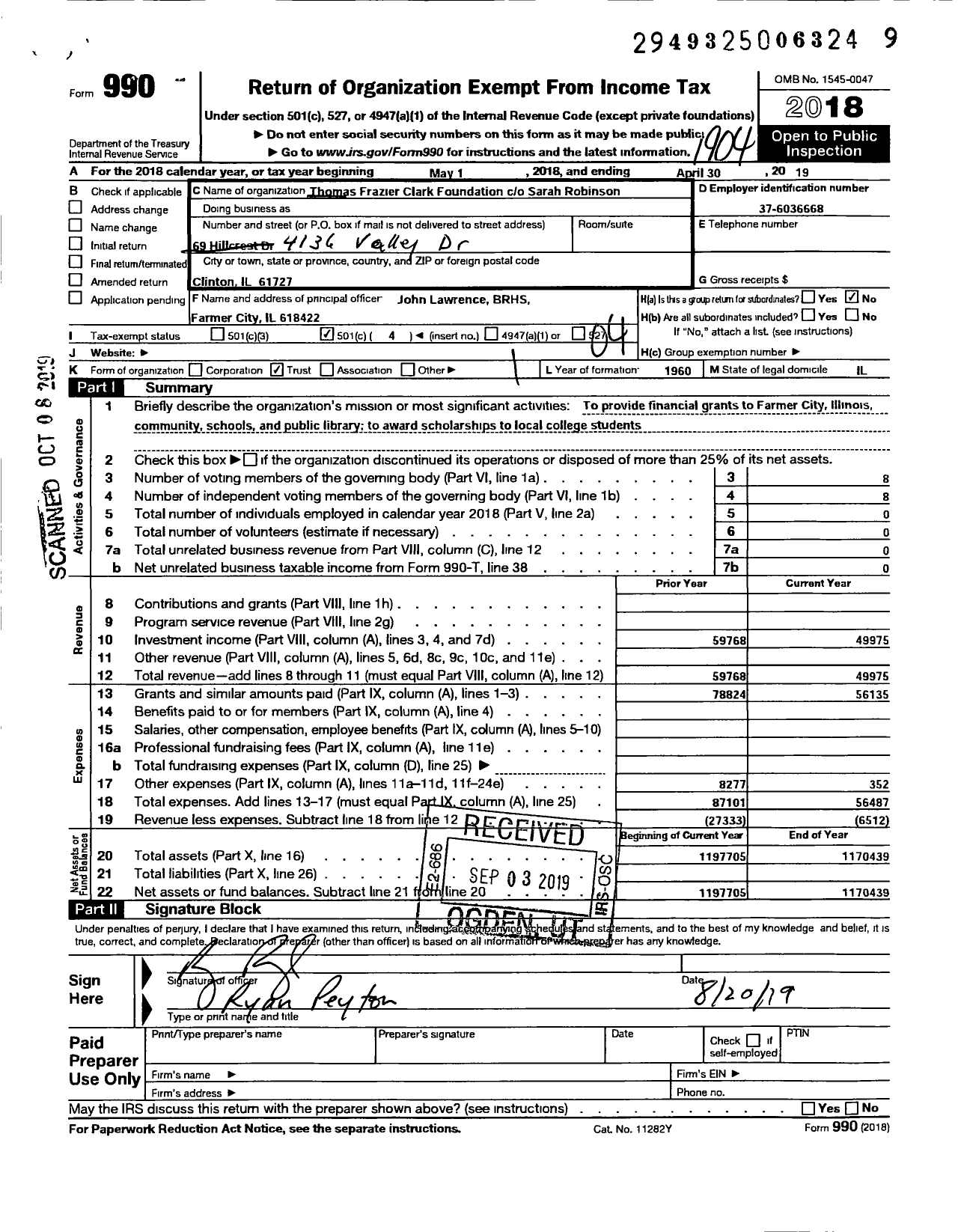 Image of first page of 2018 Form 990O for Thomas Frazier Clark Foundation