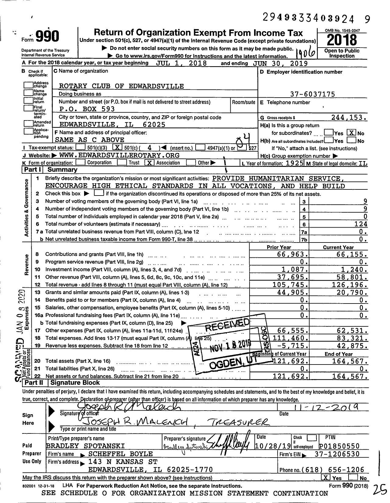 Image of first page of 2018 Form 990O for Rotary International - Rotary Club of Edwardsville