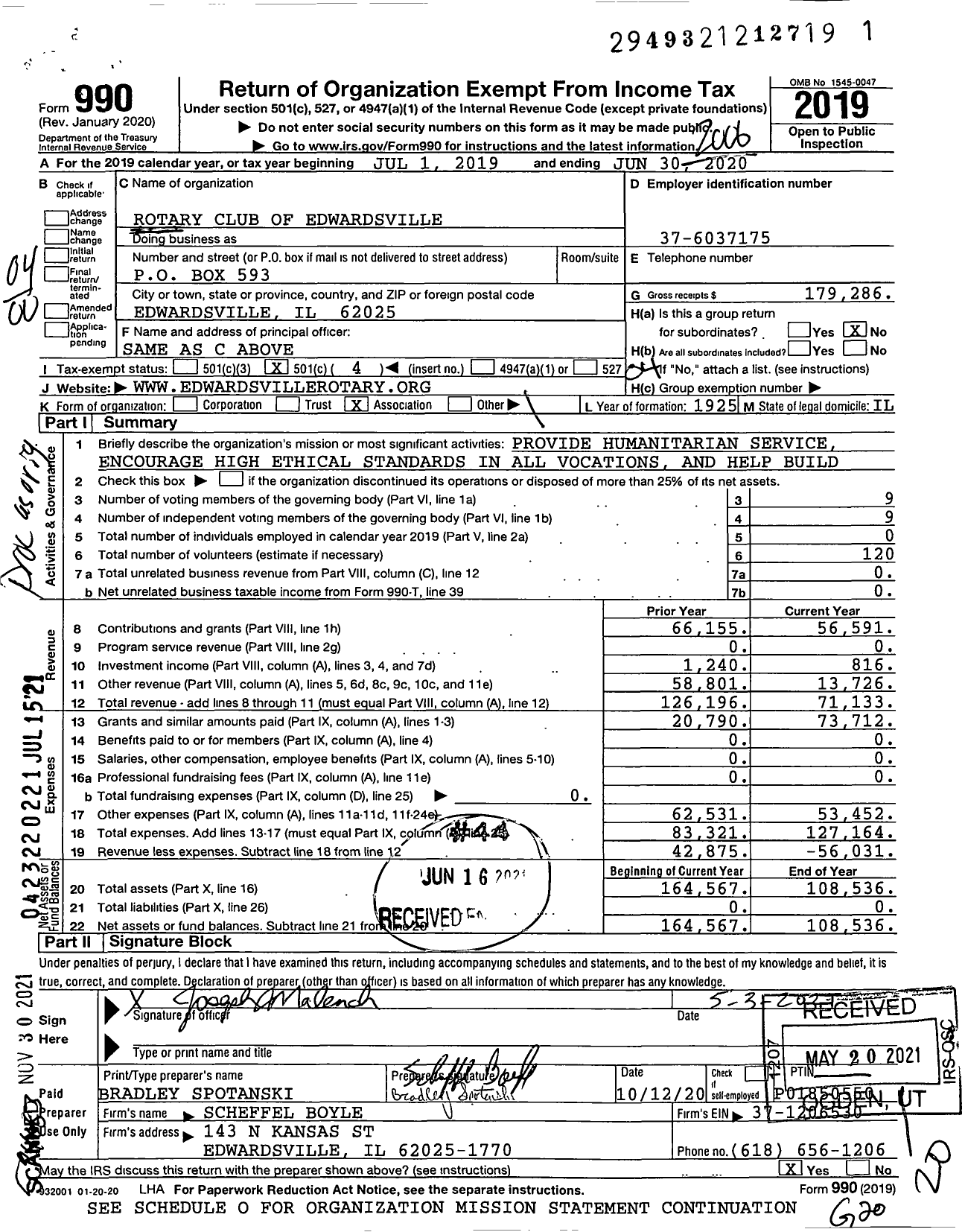 Image of first page of 2019 Form 990O for Rotary International - Rotary Club of Edwardsville