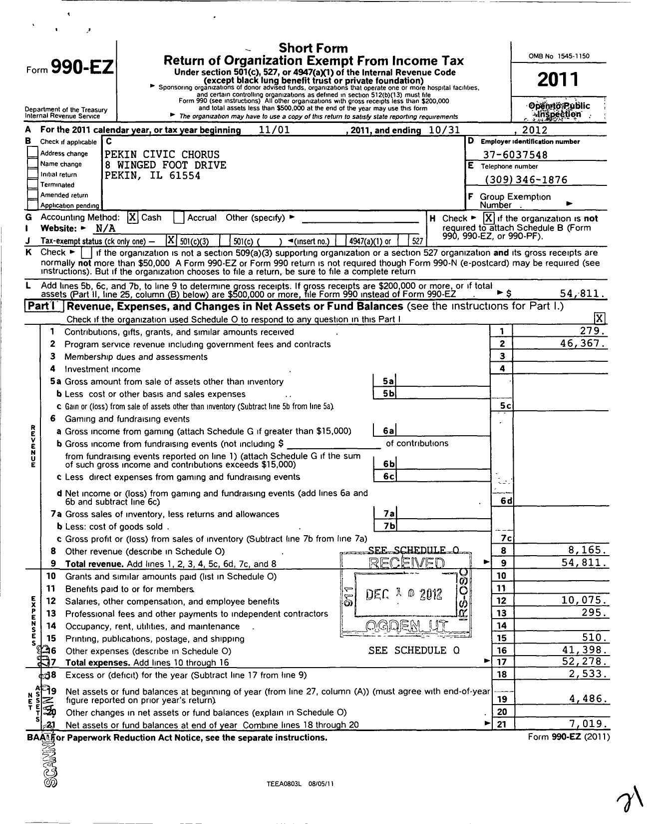 Image of first page of 2011 Form 990EZ for Pekin Civic Chorus