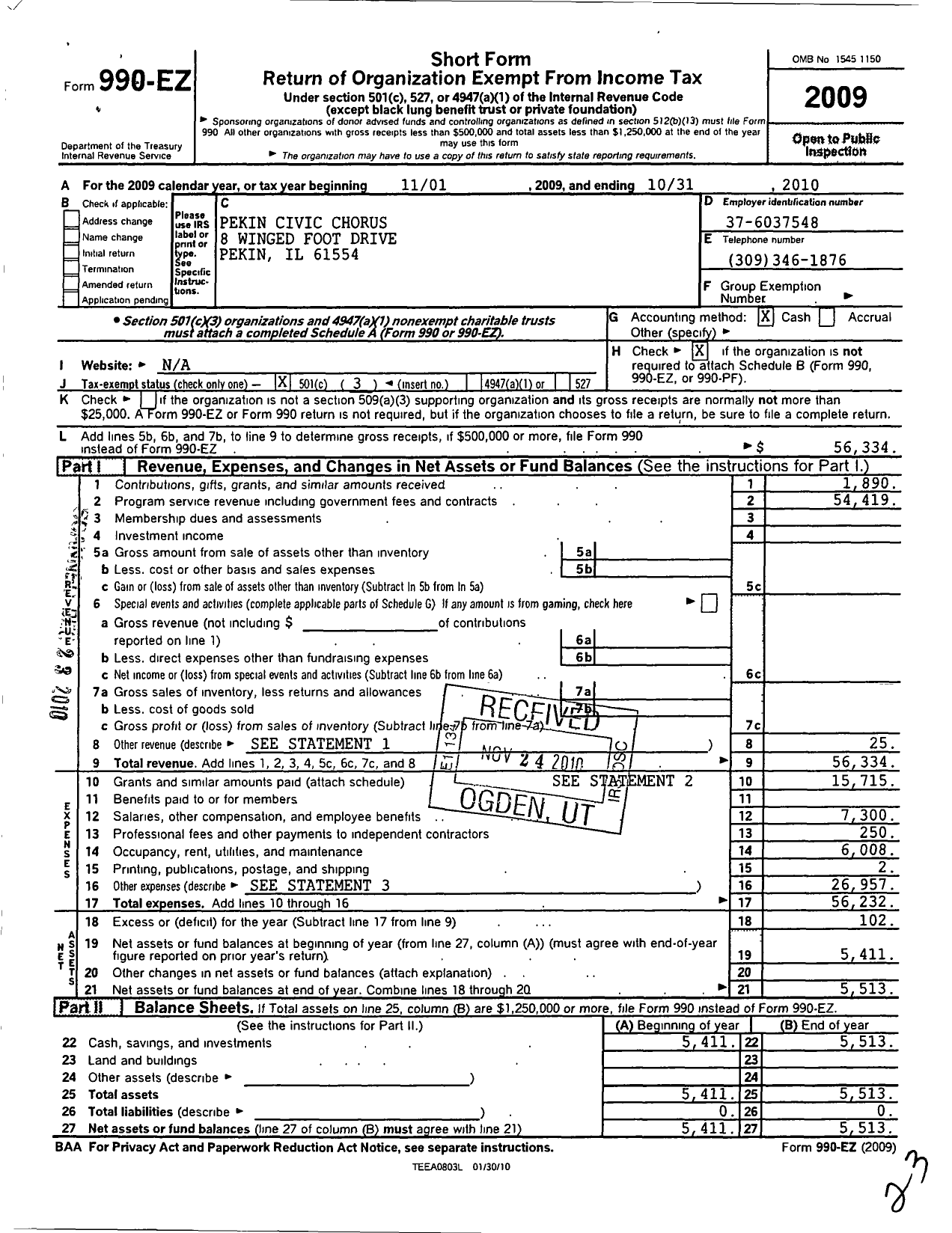 Image of first page of 2009 Form 990EZ for Pekin Civic Chorus