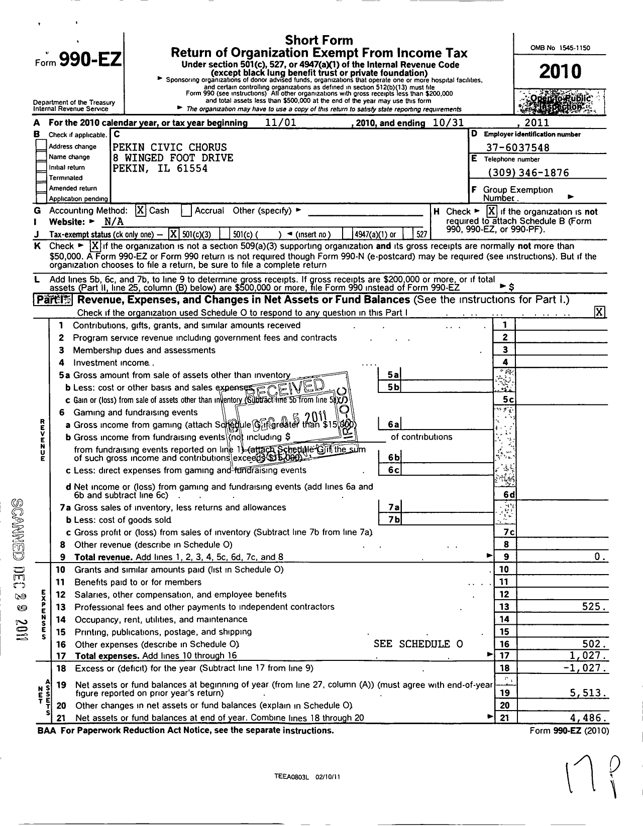 Image of first page of 2010 Form 990EZ for Pekin Civic Chorus