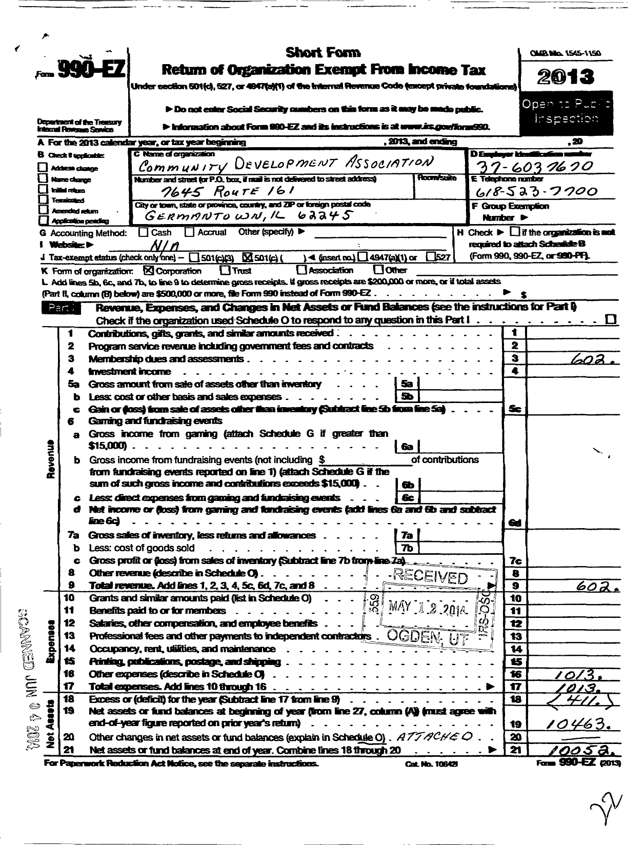 Image of first page of 2013 Form 990EO for Community Development Association of Germantown