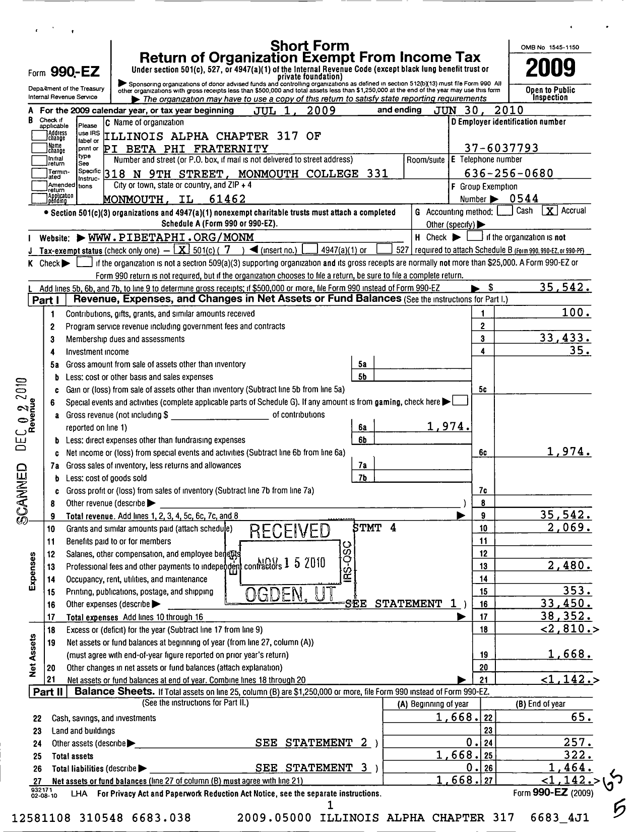 Image of first page of 2009 Form 990EO for Pi Beta Phi Fraternity - Illinois Alpha Chapter