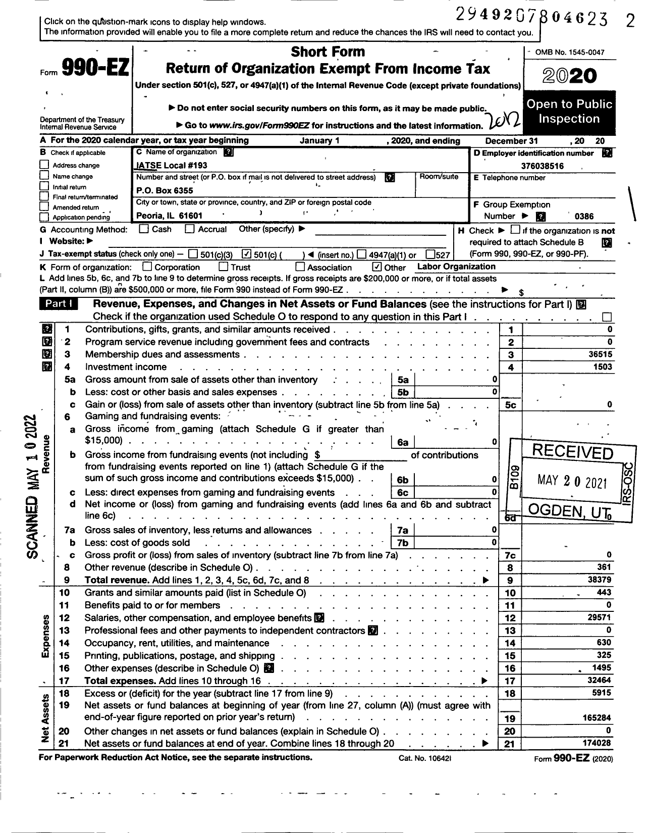 Image of first page of 2020 Form 990EO for International Alliance of Theatrical Stage Employees - 193 IATSE