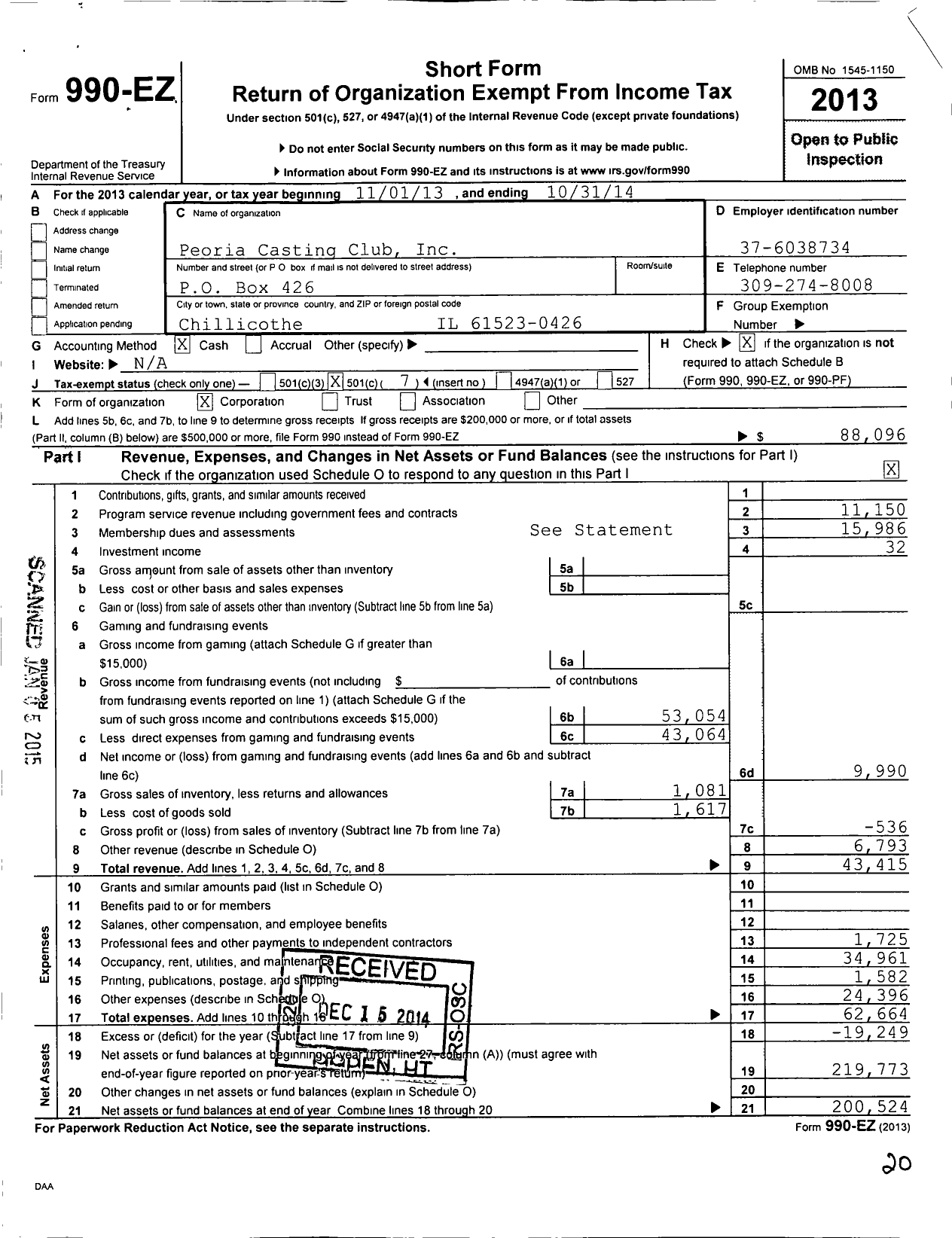 Image of first page of 2013 Form 990EO for Peoria Casting Club