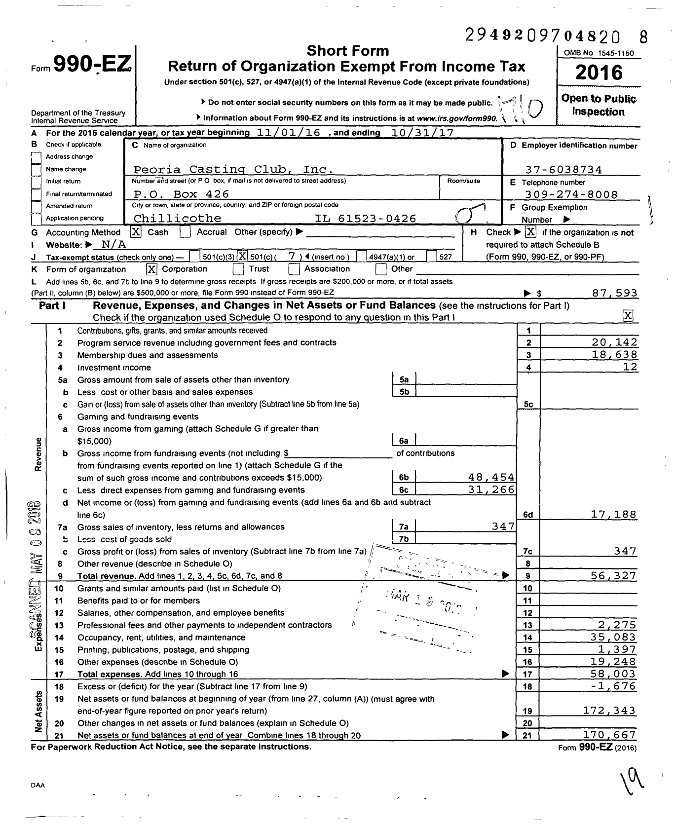 Image of first page of 2016 Form 990EO for Peoria Casting Club