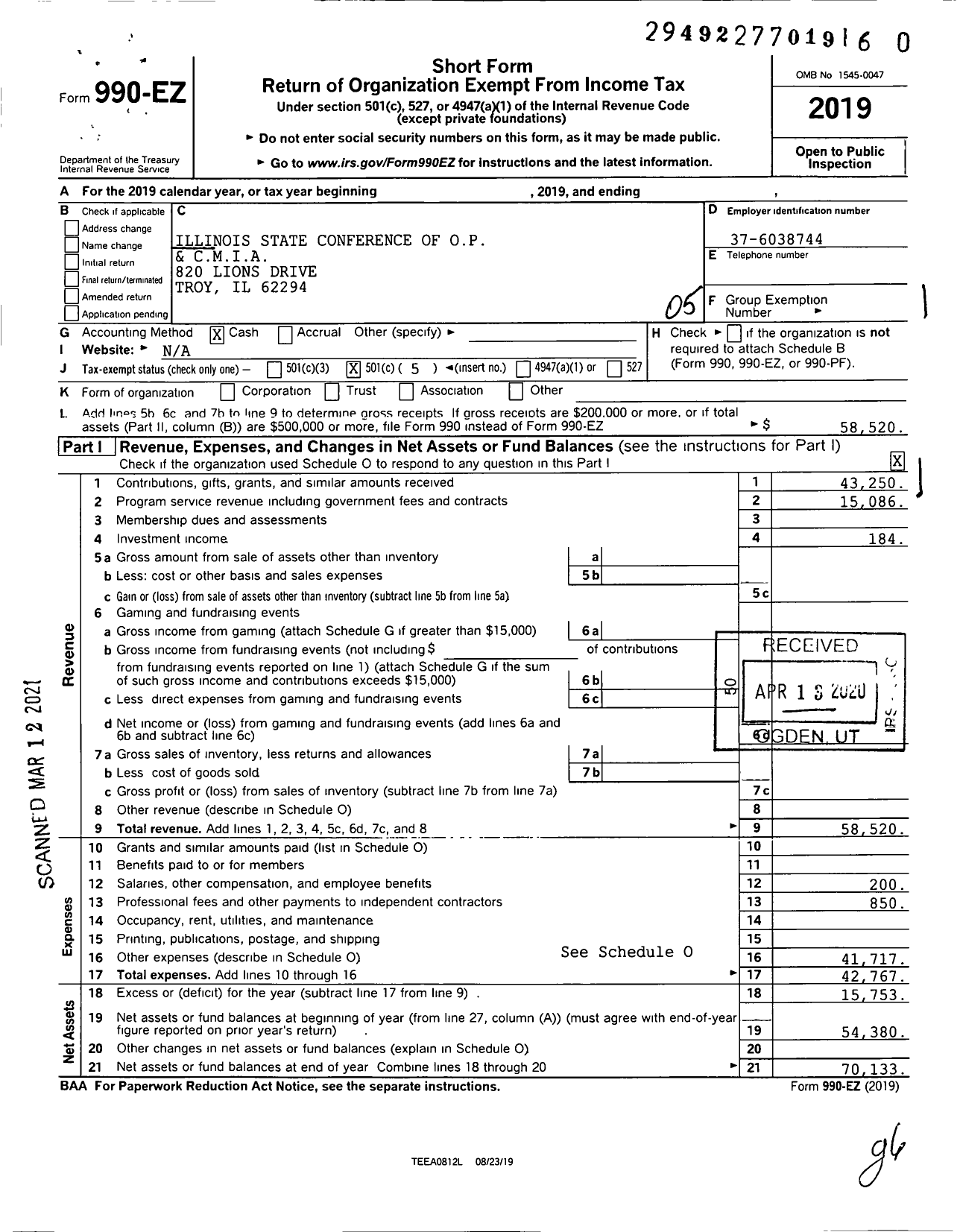 Image of first page of 2019 Form 990EO for Operative Plasterers' and Cement Masons' International Association - Illinois State Conference