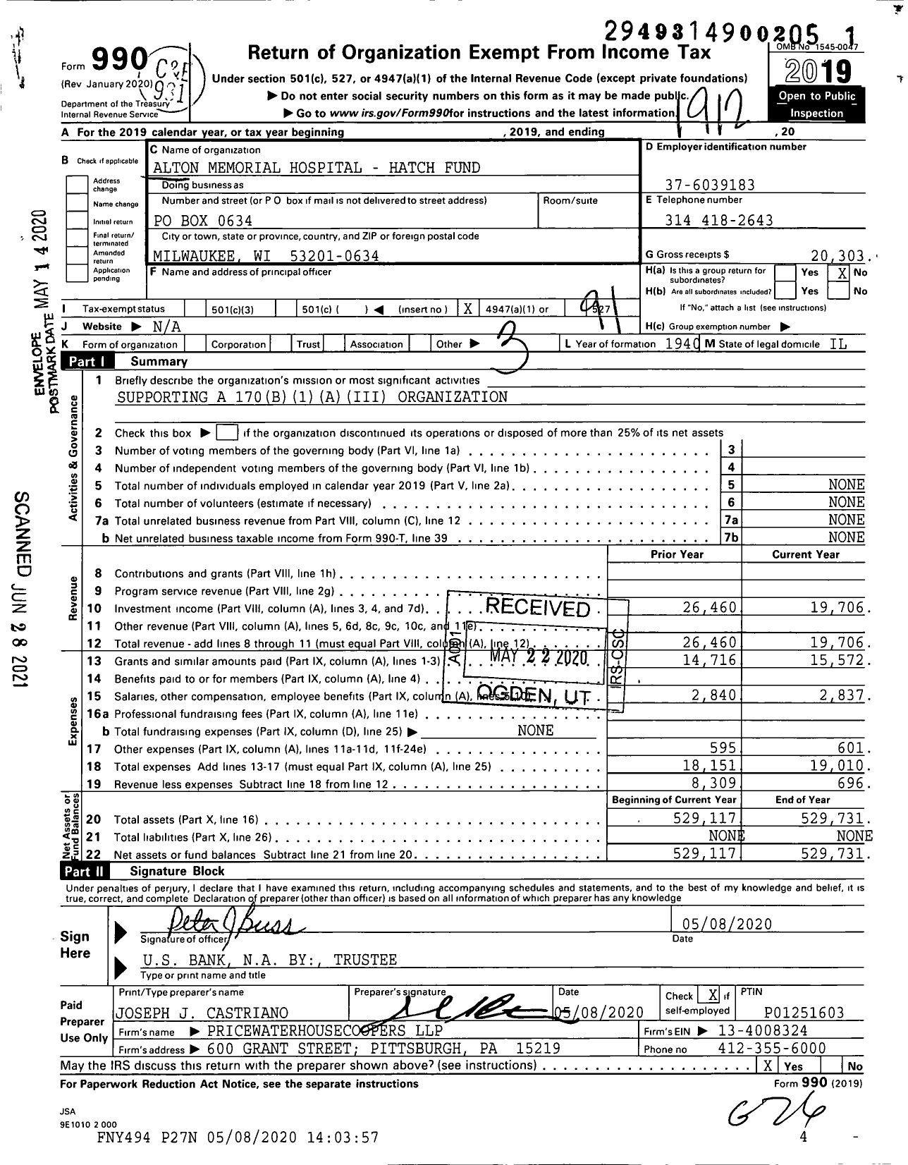 Image of first page of 2019 Form 990O for Alton Memorial Hospital - Hatch Fund