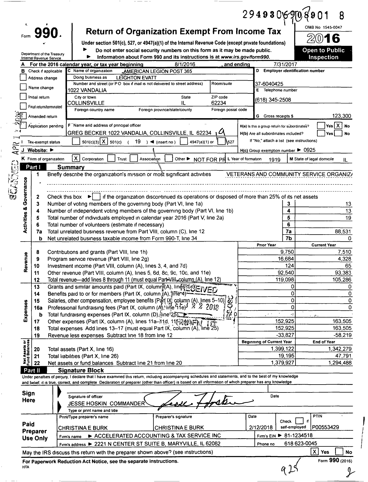 Image of first page of 2016 Form 990O for American Legion Post 365