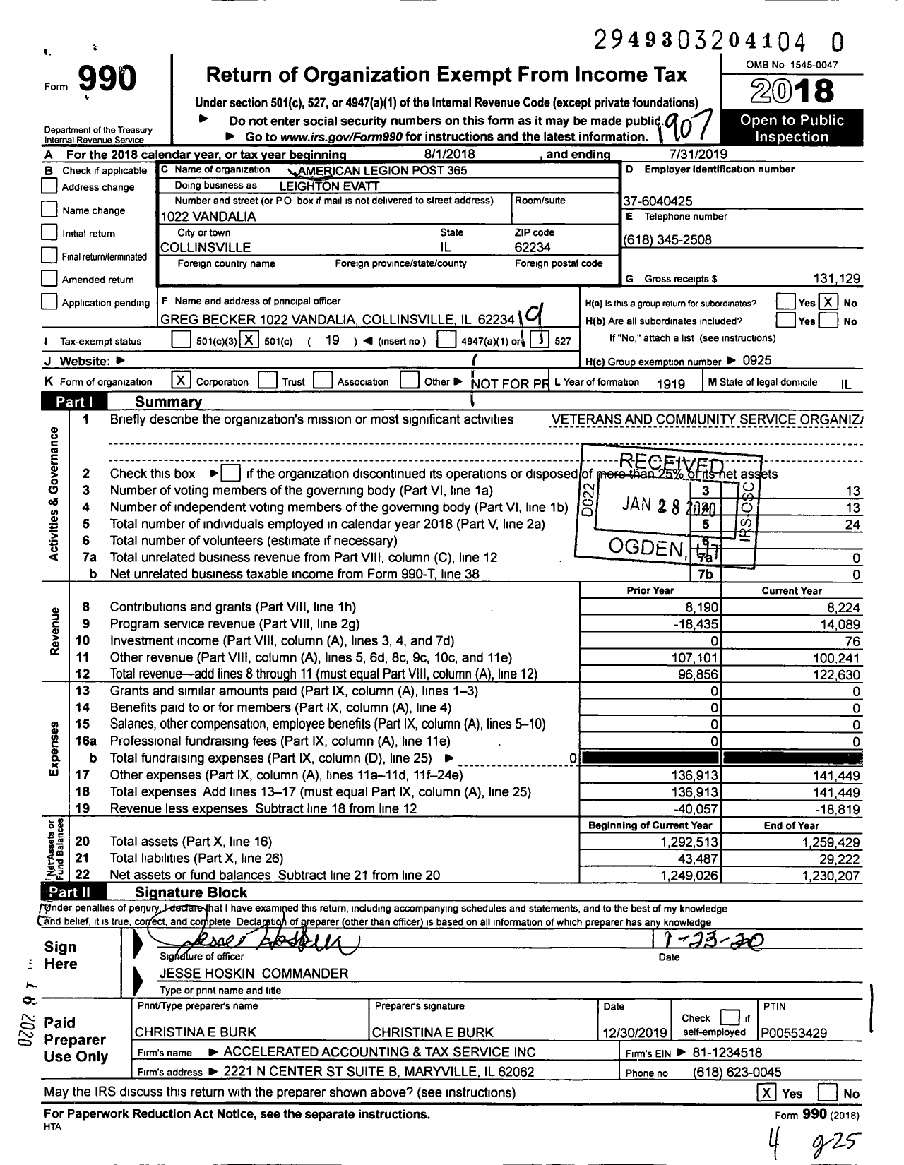 Image of first page of 2018 Form 990O for American Legion Post 365