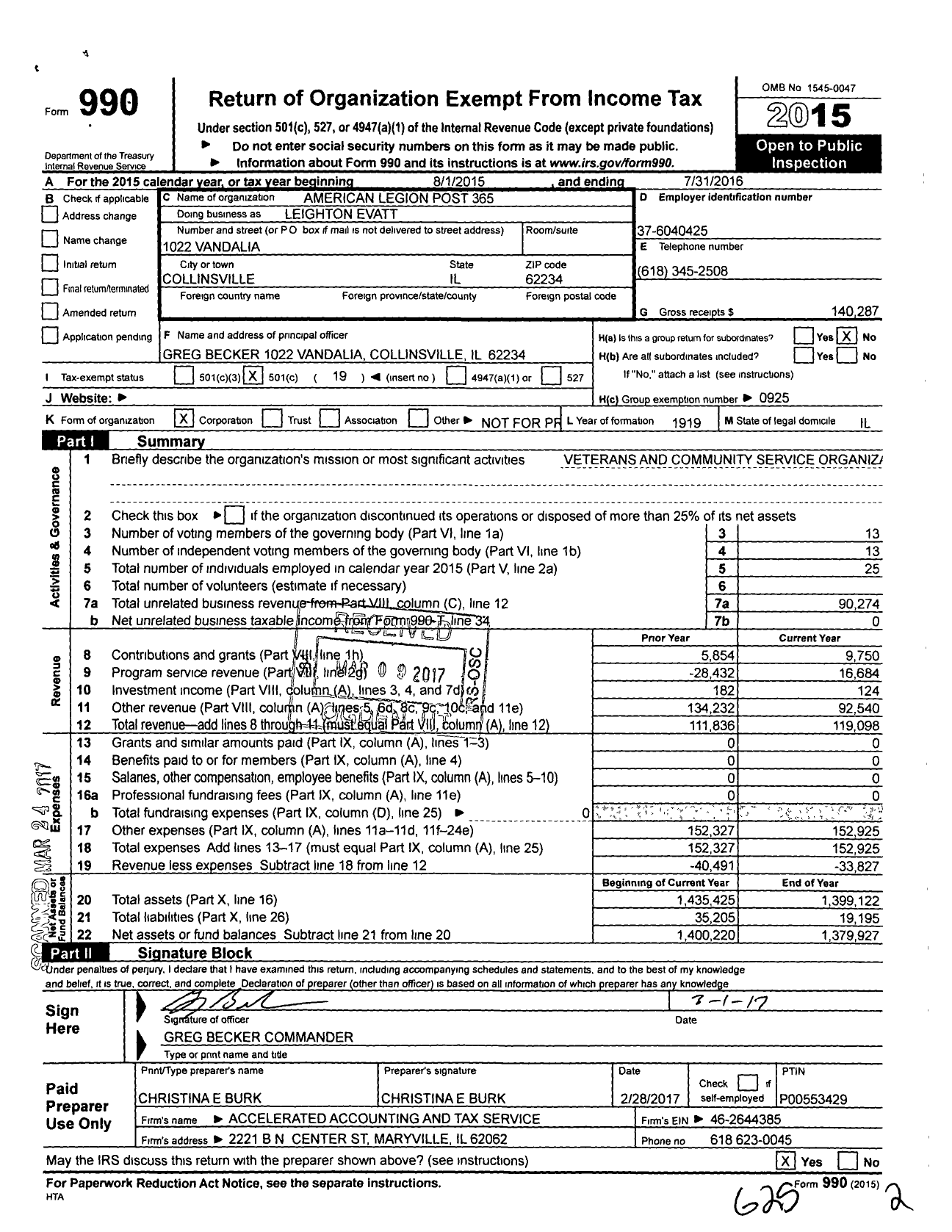 Image of first page of 2015 Form 990O for American Legion Post 365