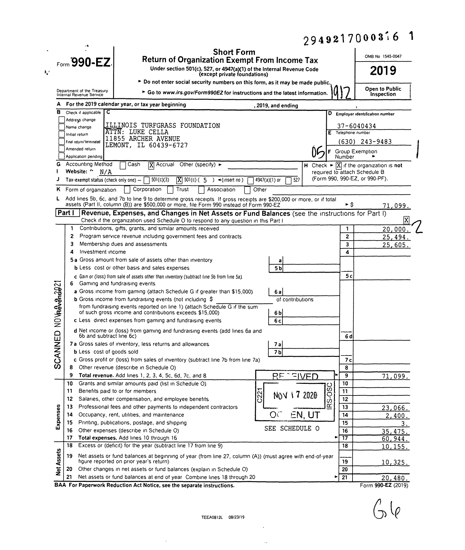 Image of first page of 2019 Form 990EO for Illinois Turfgrass Foundation Attn Luke Cella