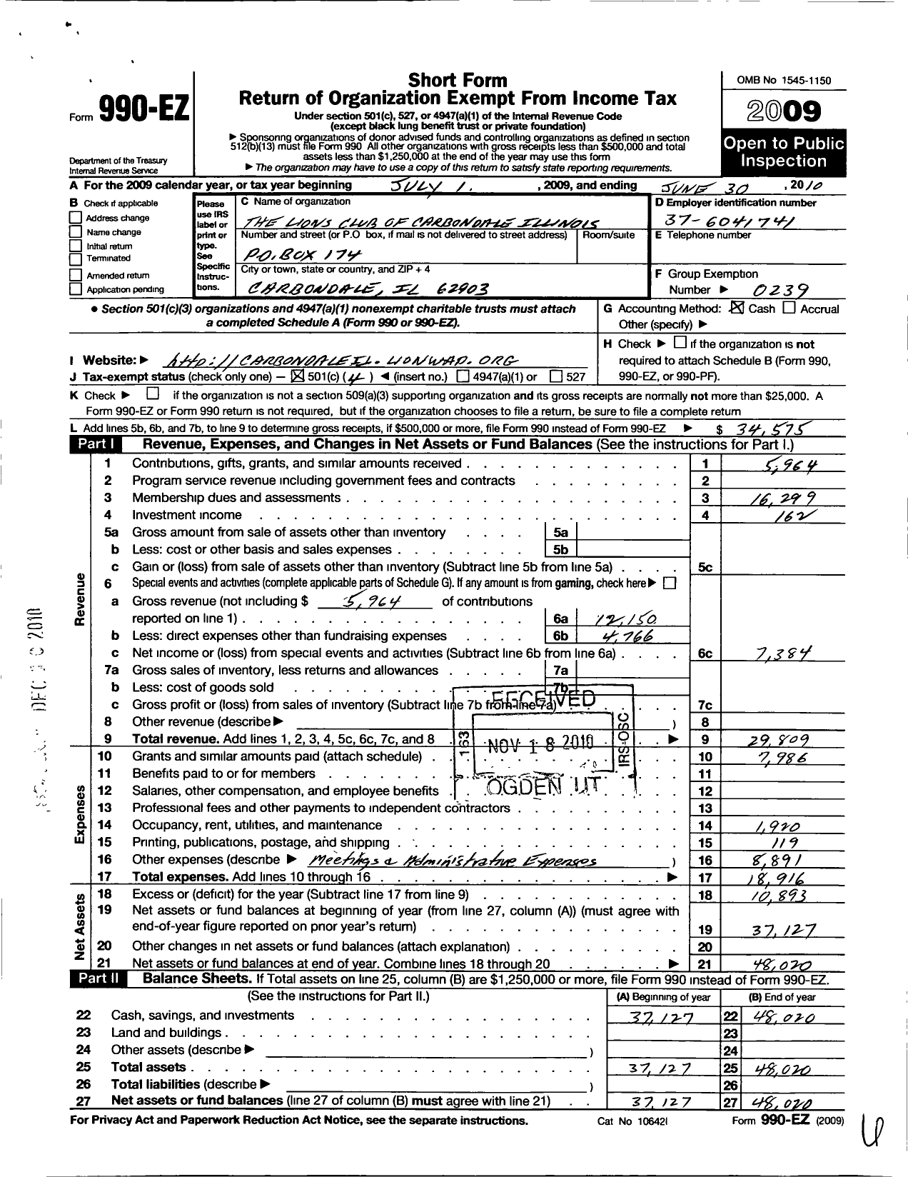 Image of first page of 2009 Form 990EO for Lions Clubs - 148 Carbondale