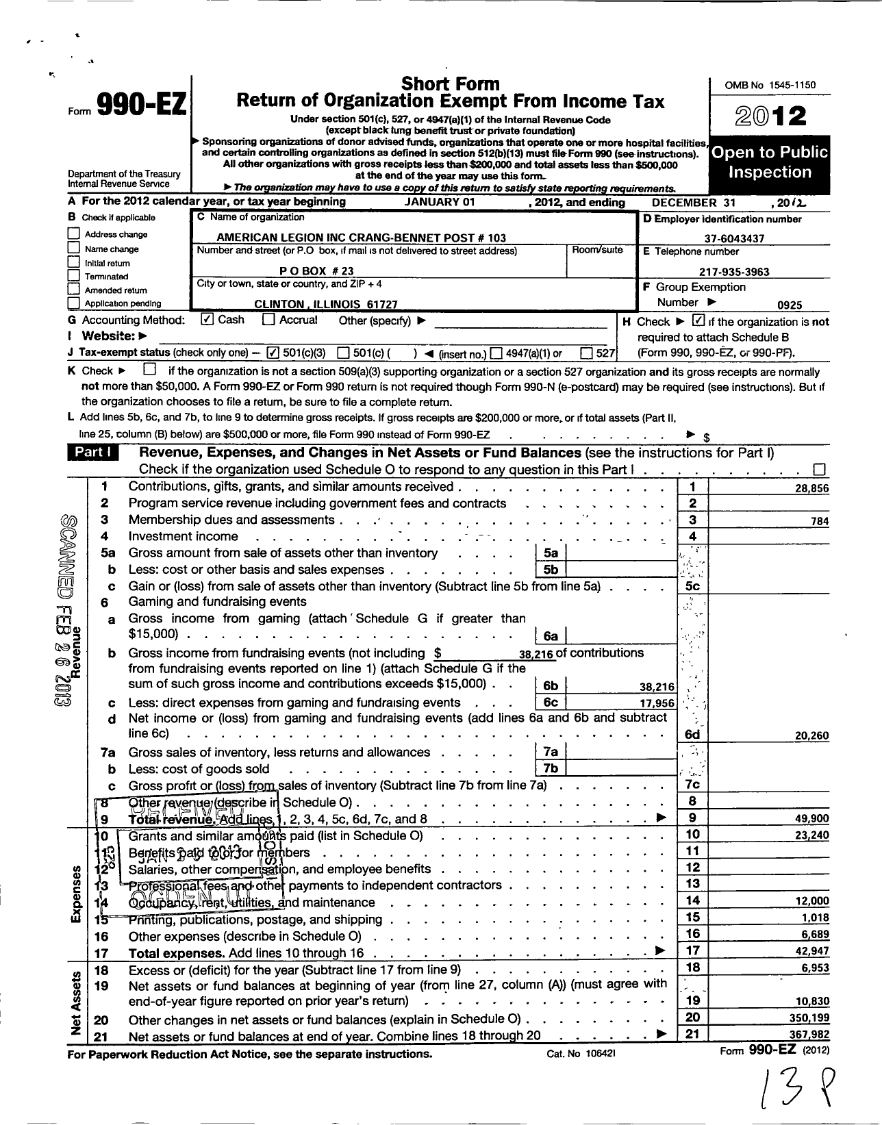 Image of first page of 2012 Form 990EZ for American Legion / 103 Crang-Bennett