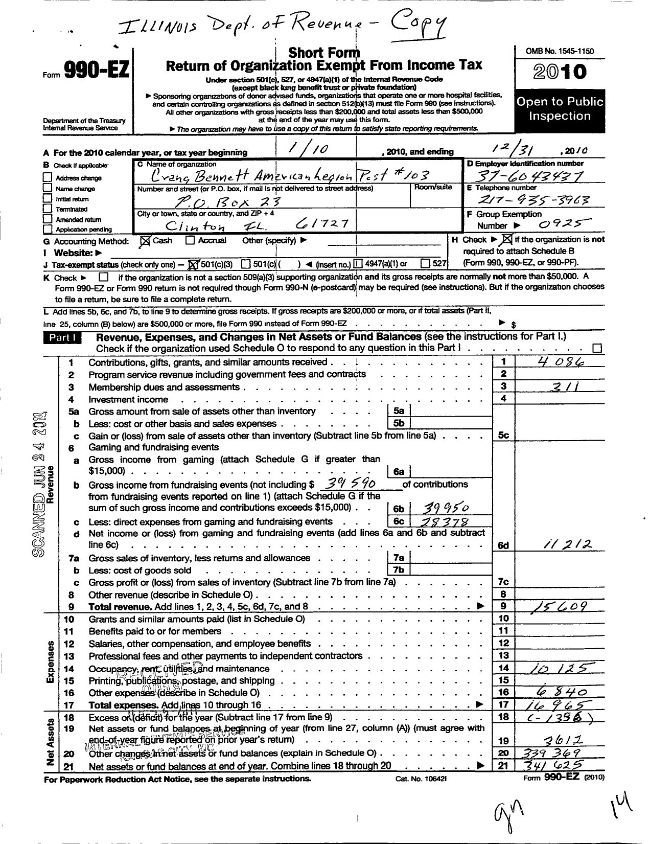 Image of first page of 2010 Form 990EZ for American Legion / 103 Crang-Bennett