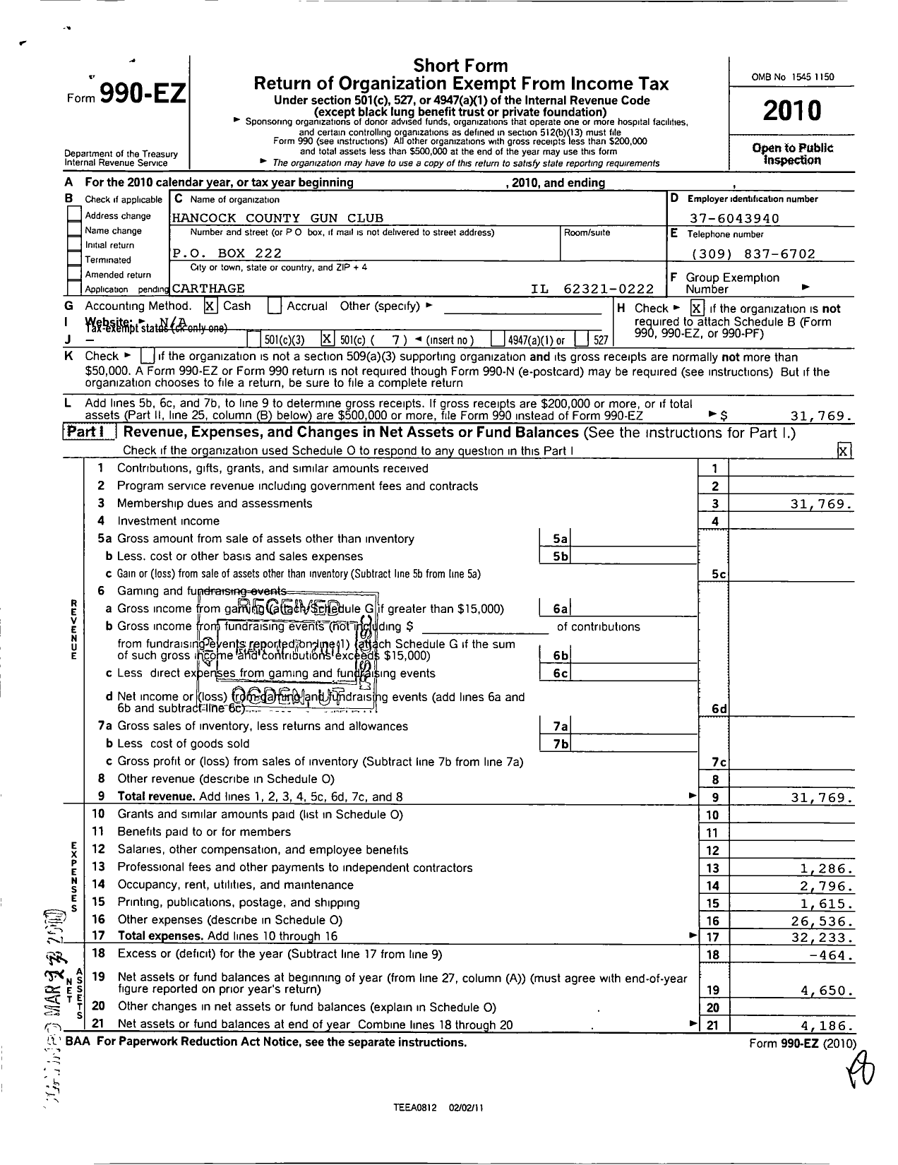 Image of first page of 2010 Form 990EO for Hancock County Gun Club