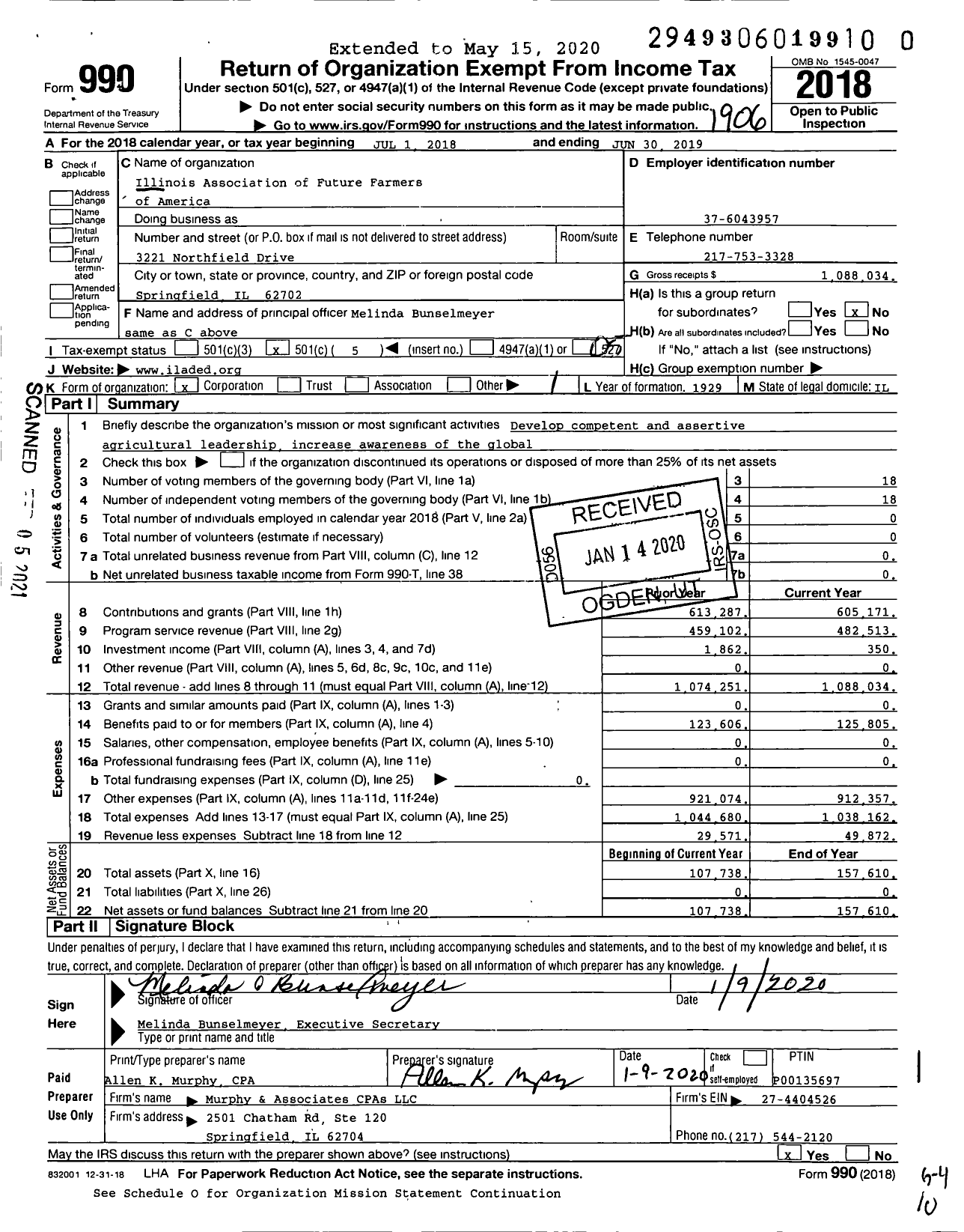 Image of first page of 2018 Form 990O for Future Farmers of America - 12000 Illinois Assn & Alumni Ffa