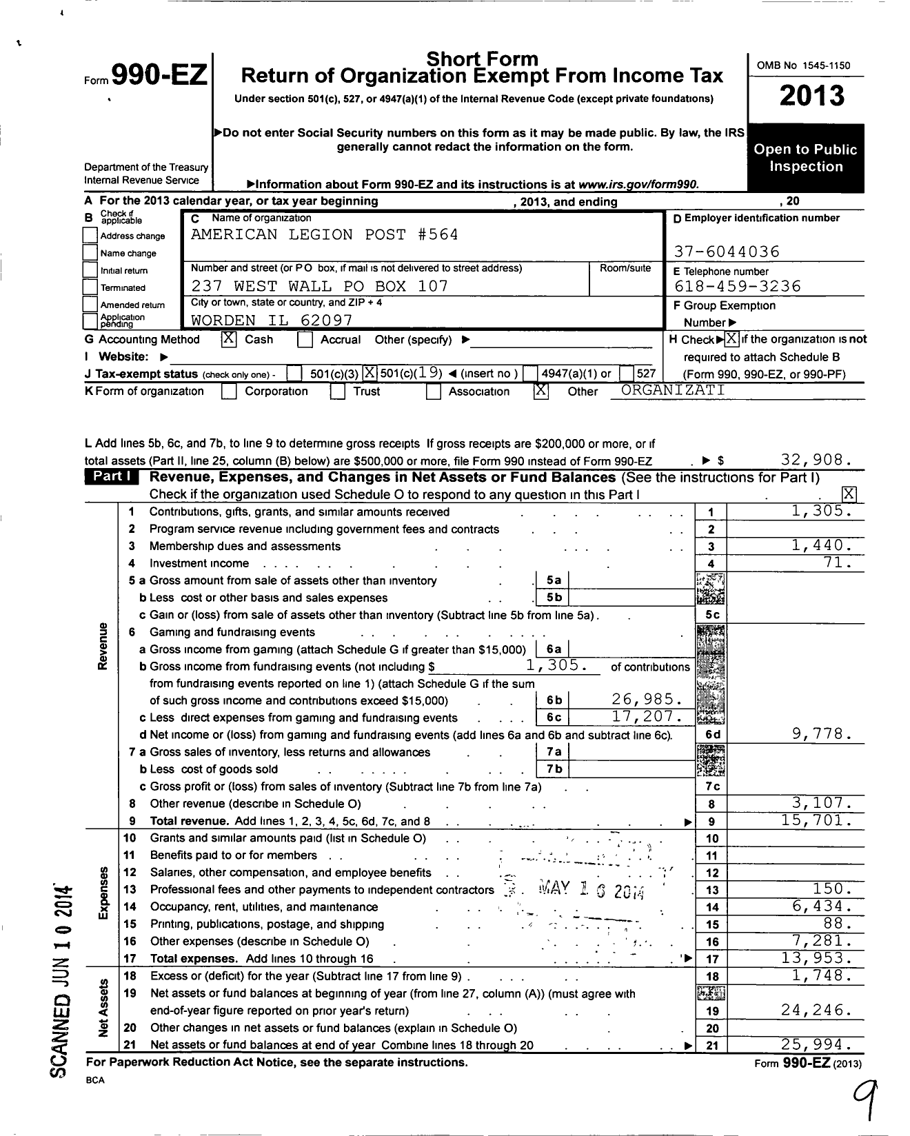 Image of first page of 2013 Form 990EO for American Legion - 0564 Worden