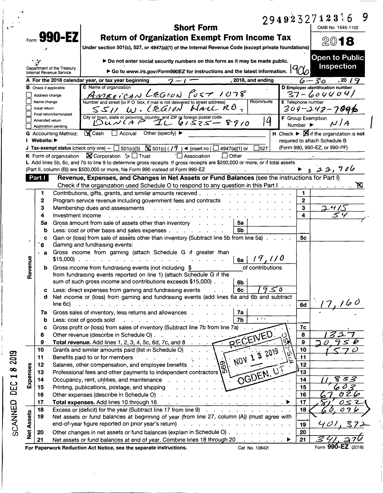 Image of first page of 2018 Form 990EO for American Legion Post 1078 Dunlap