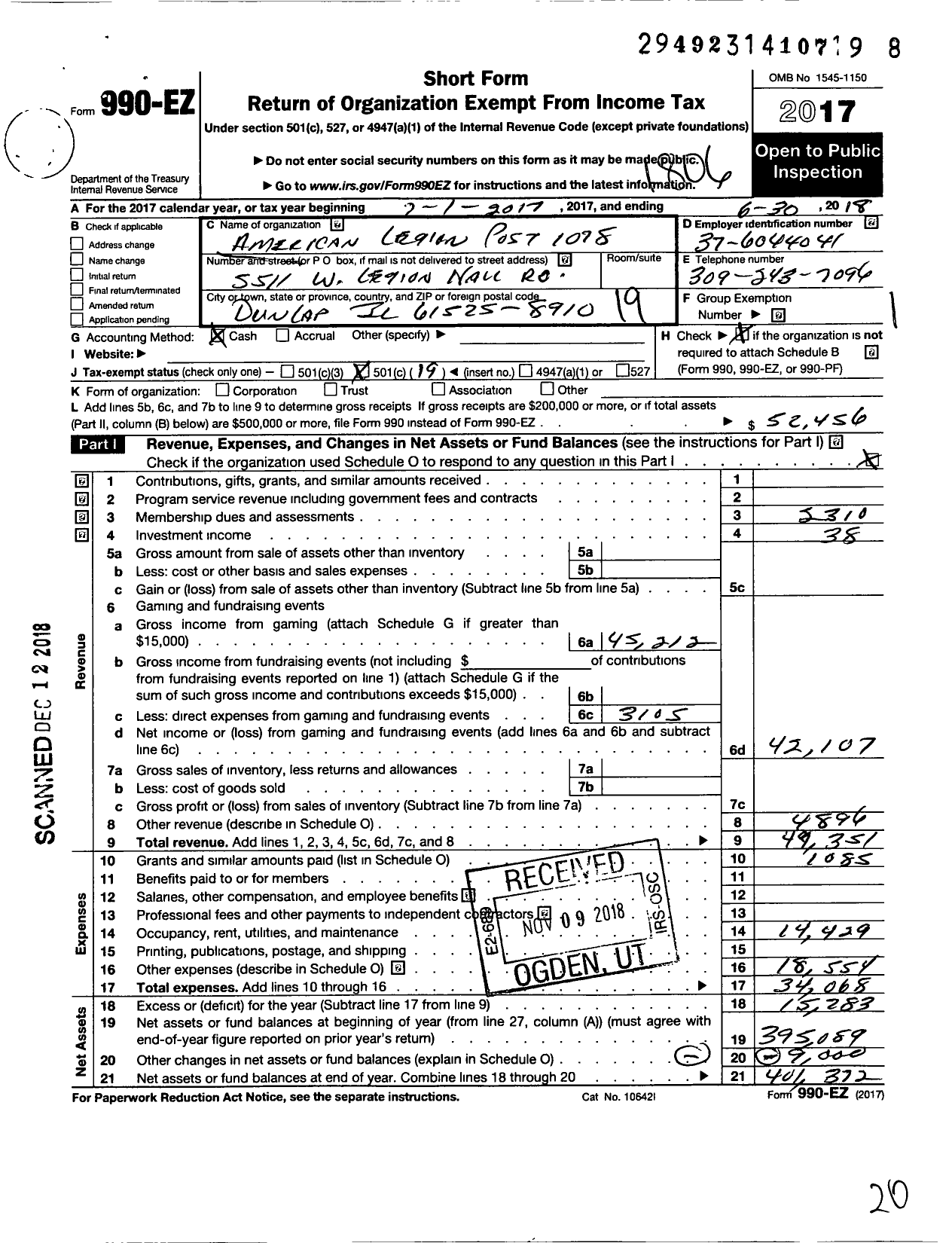 Image of first page of 2017 Form 990EO for American Legion Post 1078 Dunlap