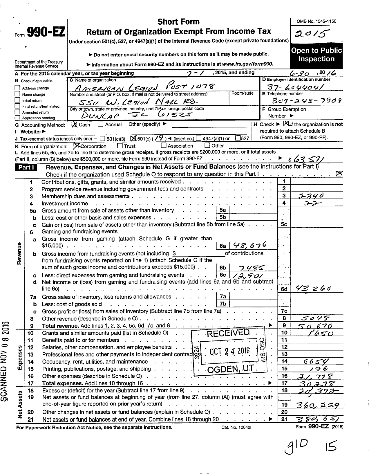 Image of first page of 2015 Form 990EO for American Legion Post 1078 Dunlap