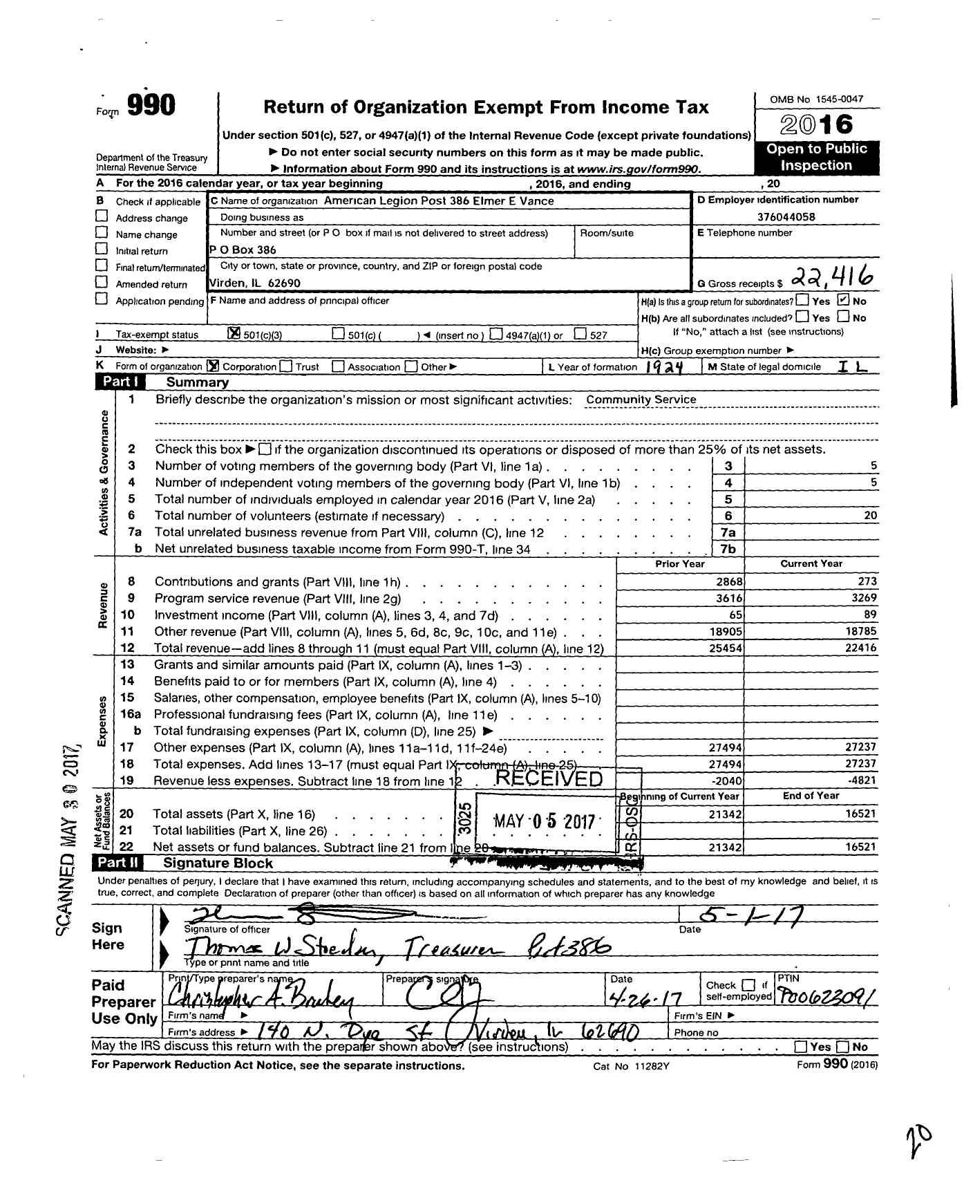 Image of first page of 2016 Form 990 for American Legion - 0386 Elmer E Vance