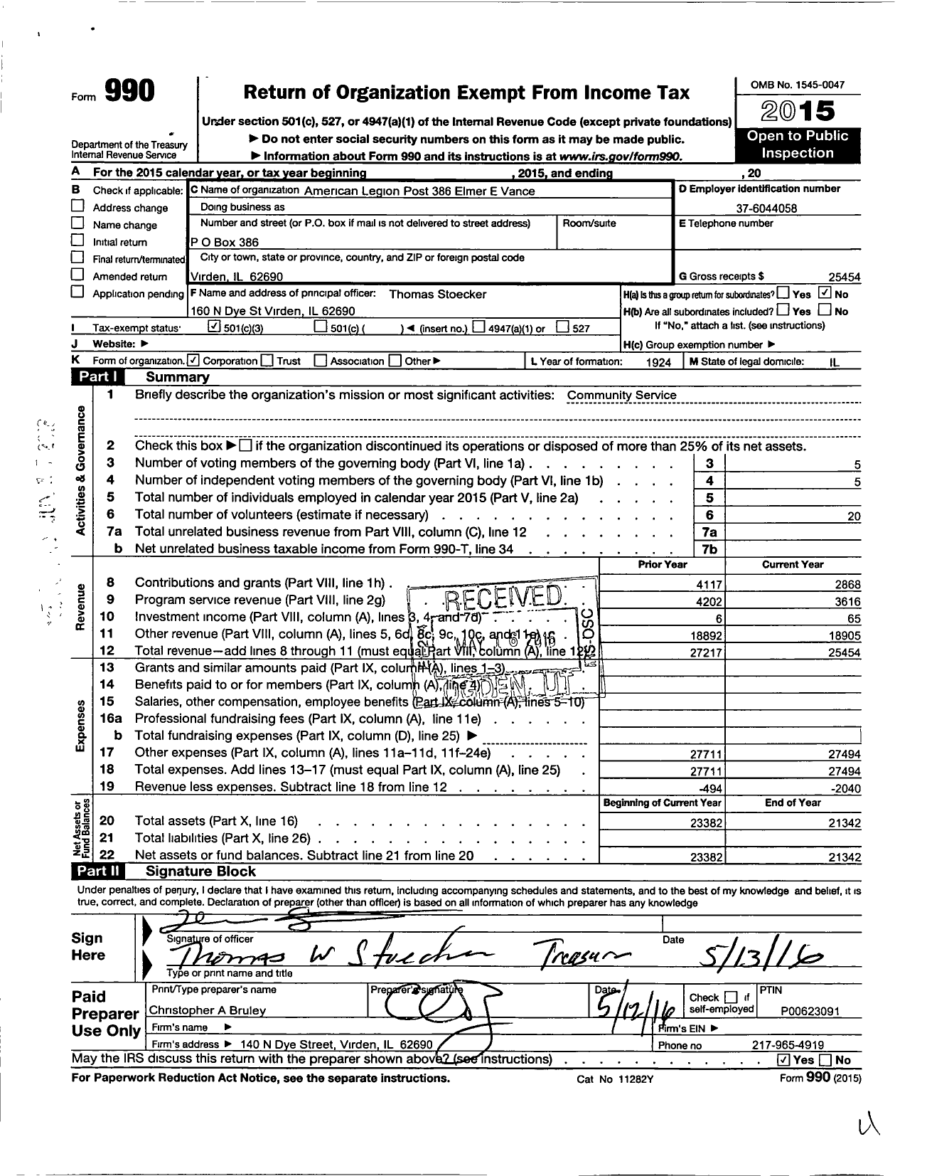 Image of first page of 2015 Form 990 for American Legion - 0386 Elmer E Vance