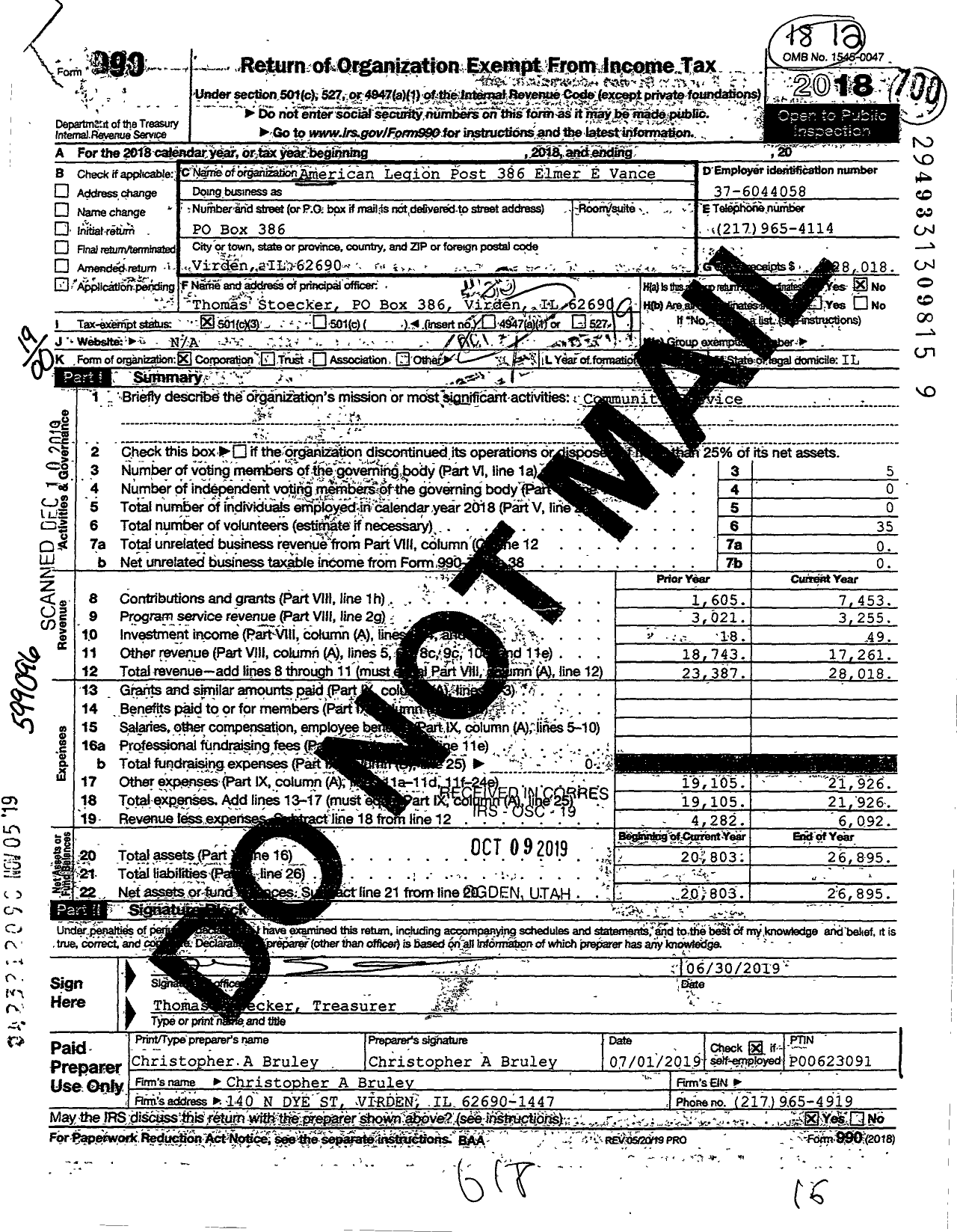 Image of first page of 2018 Form 990O for American Legion - 0386 Elmer E Vance