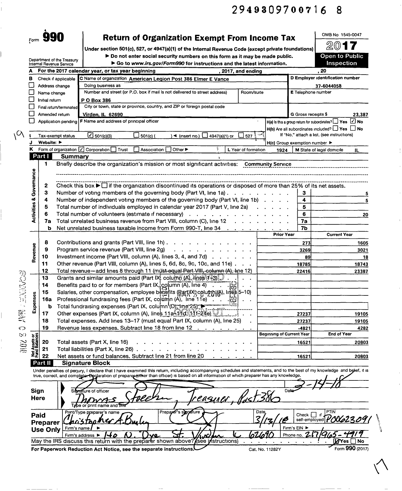 Image of first page of 2017 Form 990O for American Legion - 0386 Elmer E Vance