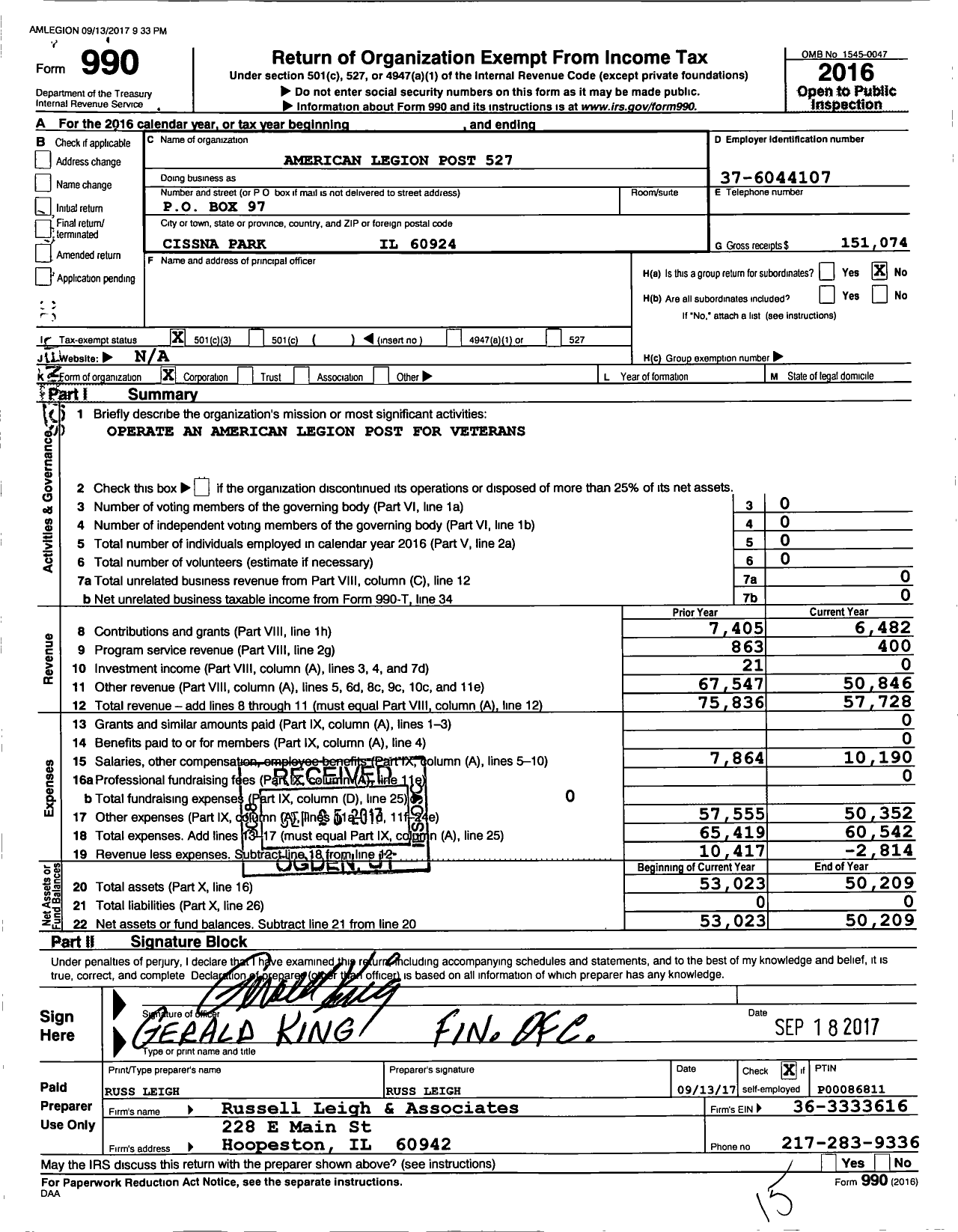 Image of first page of 2016 Form 990 for American Legion Post 527