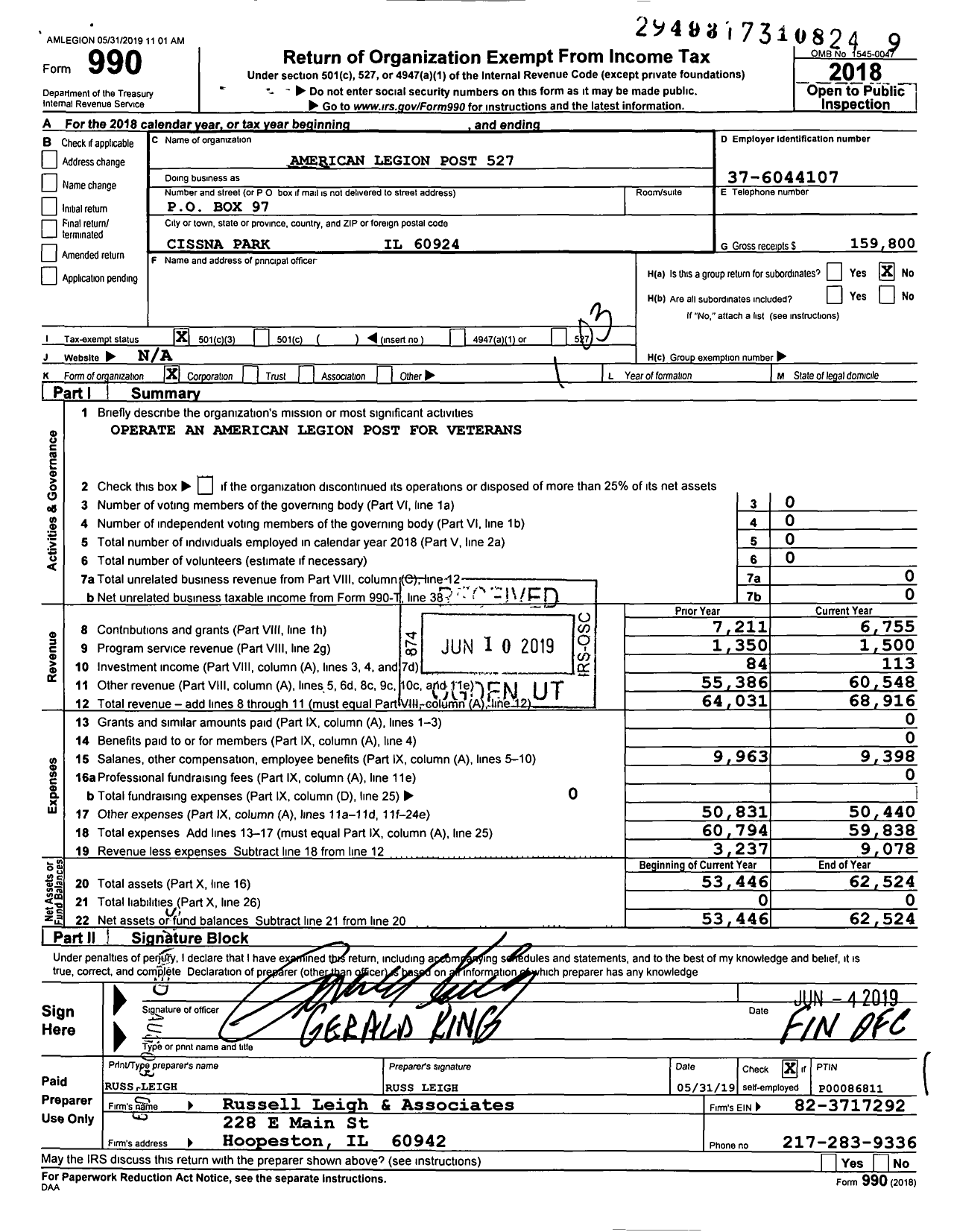 Image of first page of 2018 Form 990 for American Legion Post 527