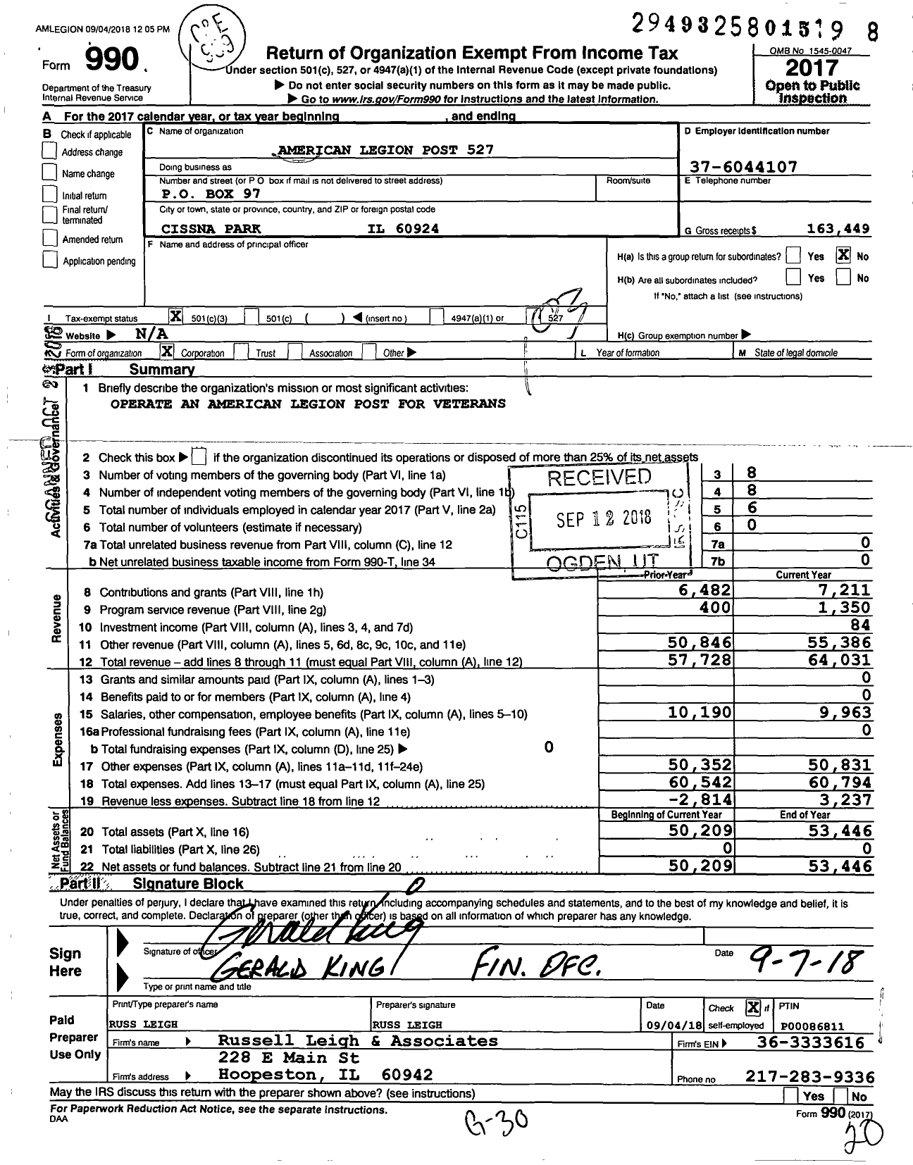 Image of first page of 2017 Form 990 for American Legion Post 527