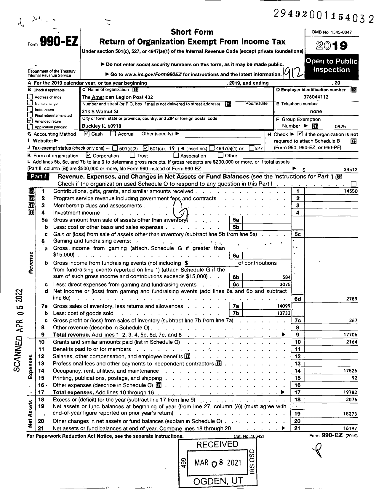 Image of first page of 2019 Form 990EO for American Legion - 0432 Hickerson