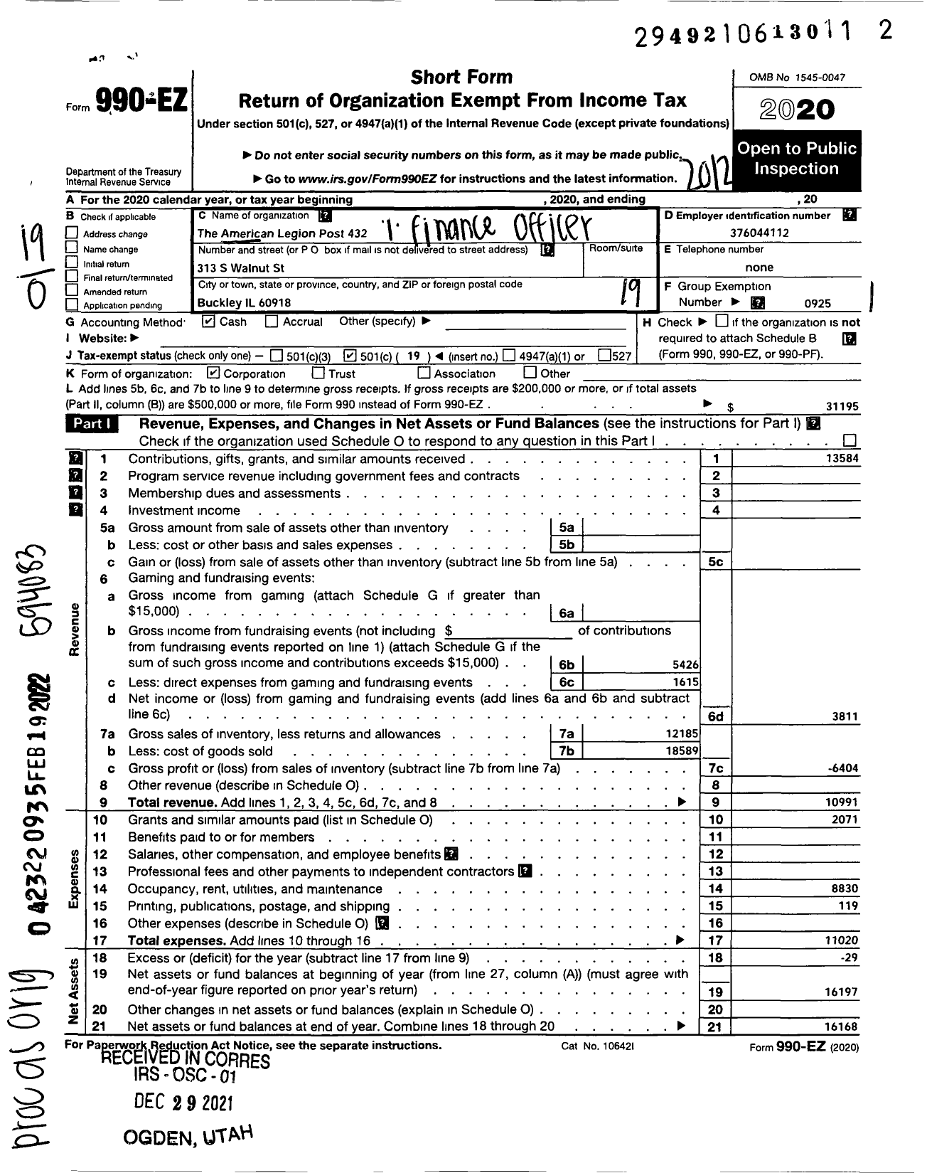 Image of first page of 2020 Form 990EO for American Legion - 0432 Hickerson