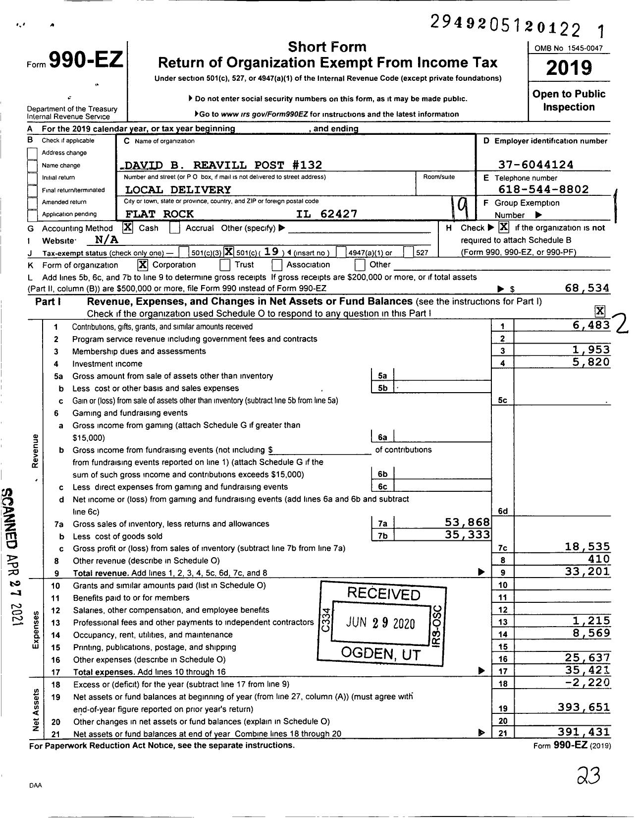 Image of first page of 2019 Form 990EO for American Legion - 132 David B Reavill Post