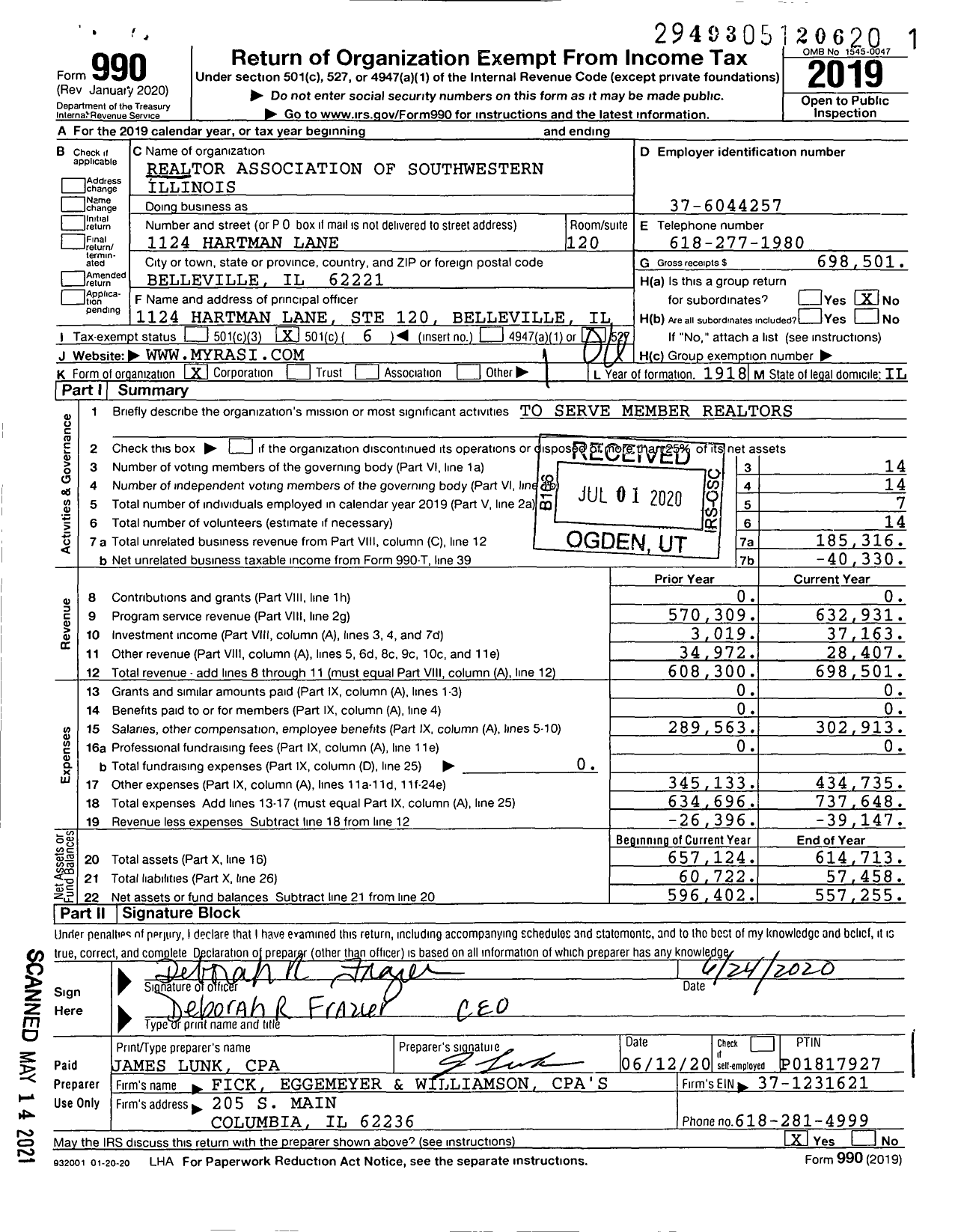 Image of first page of 2019 Form 990O for Southwestern Illinois Board of Realtors