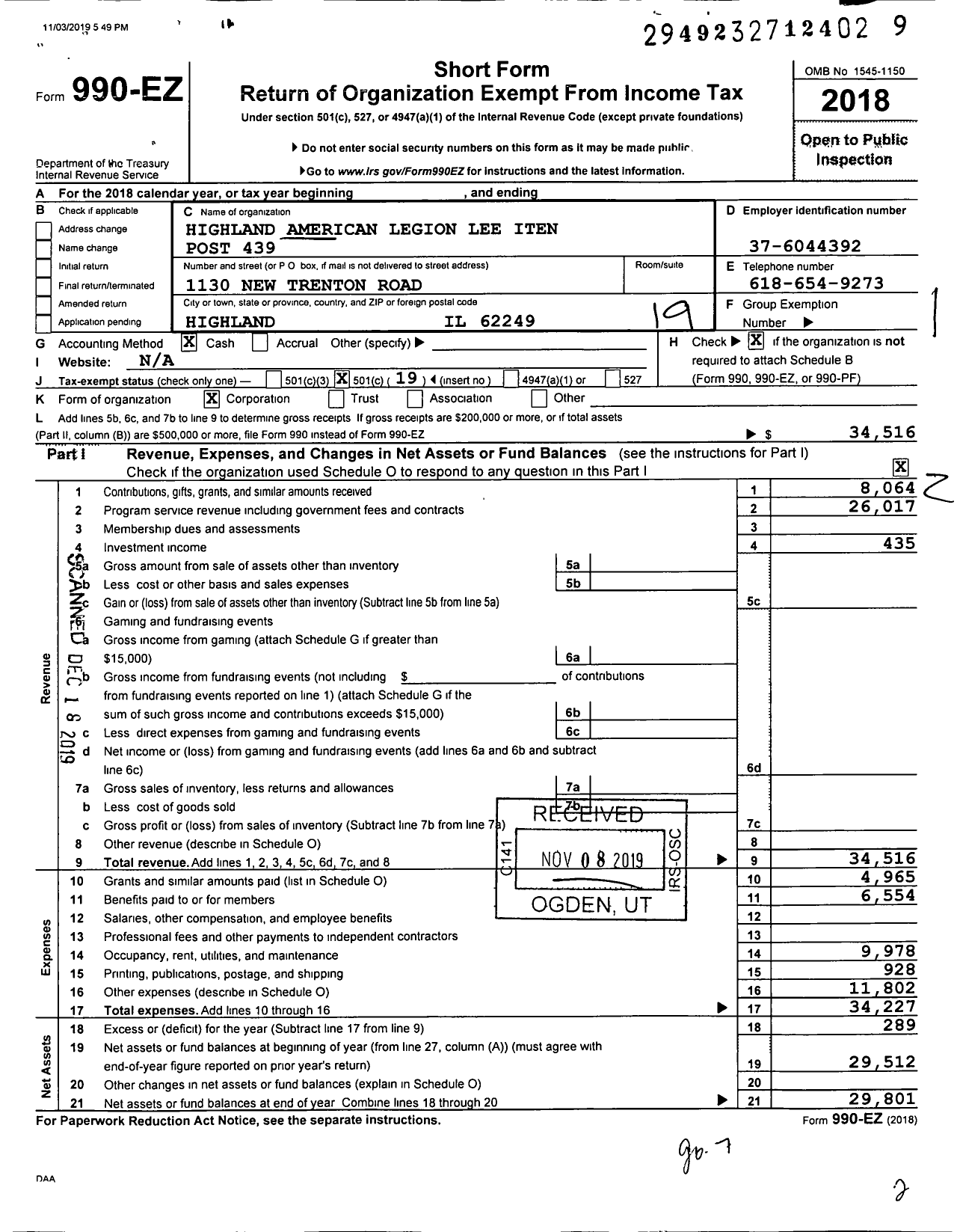 Image of first page of 2018 Form 990EO for American Legion - 0439 Lee Iten