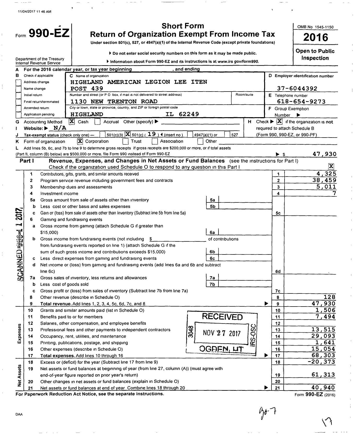 Image of first page of 2016 Form 990EO for American Legion - 0439 Lee Iten