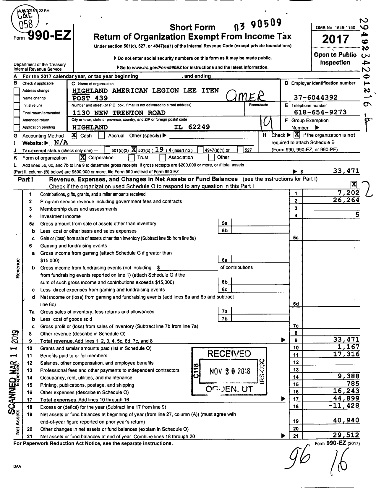 Image of first page of 2017 Form 990EO for American Legion - 0439 Lee Iten