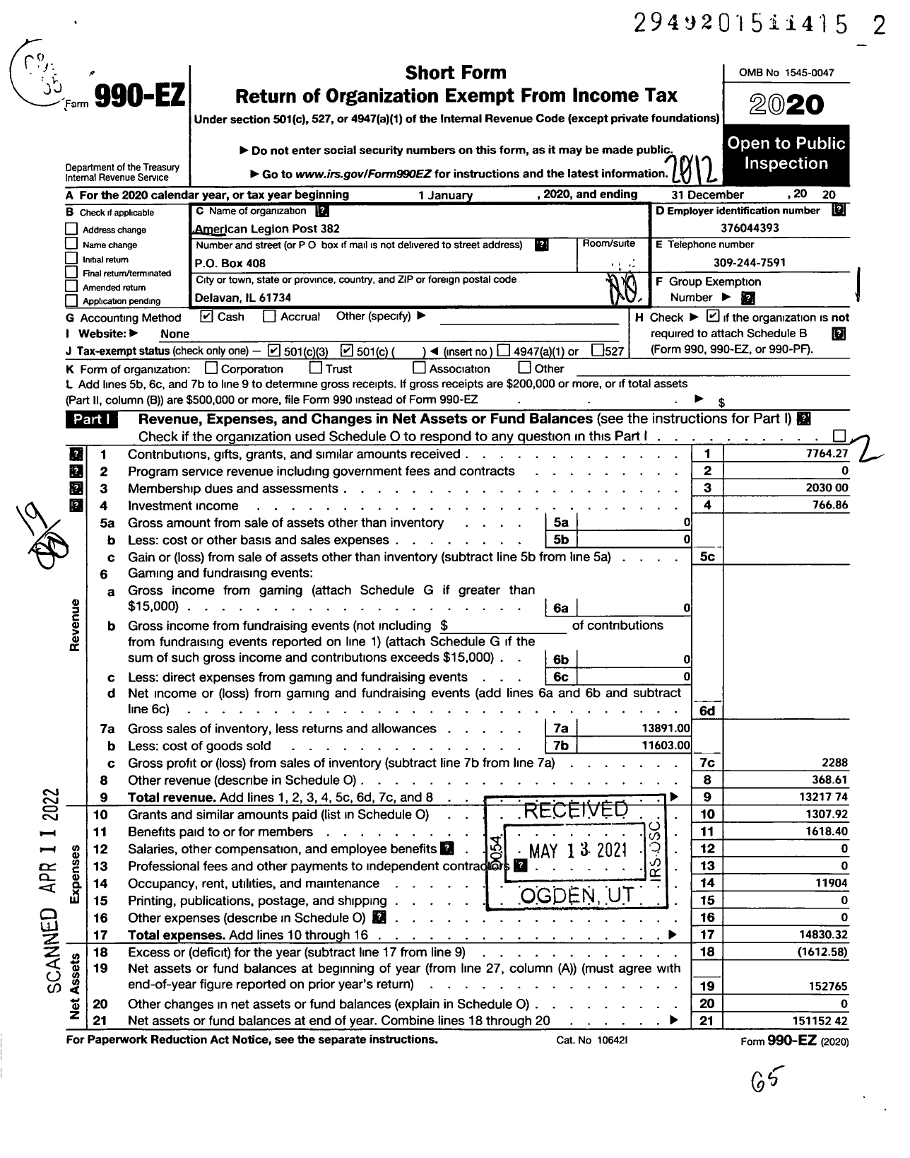 Image of first page of 2020 Form 990EO for American Legion - 0382 Delavan