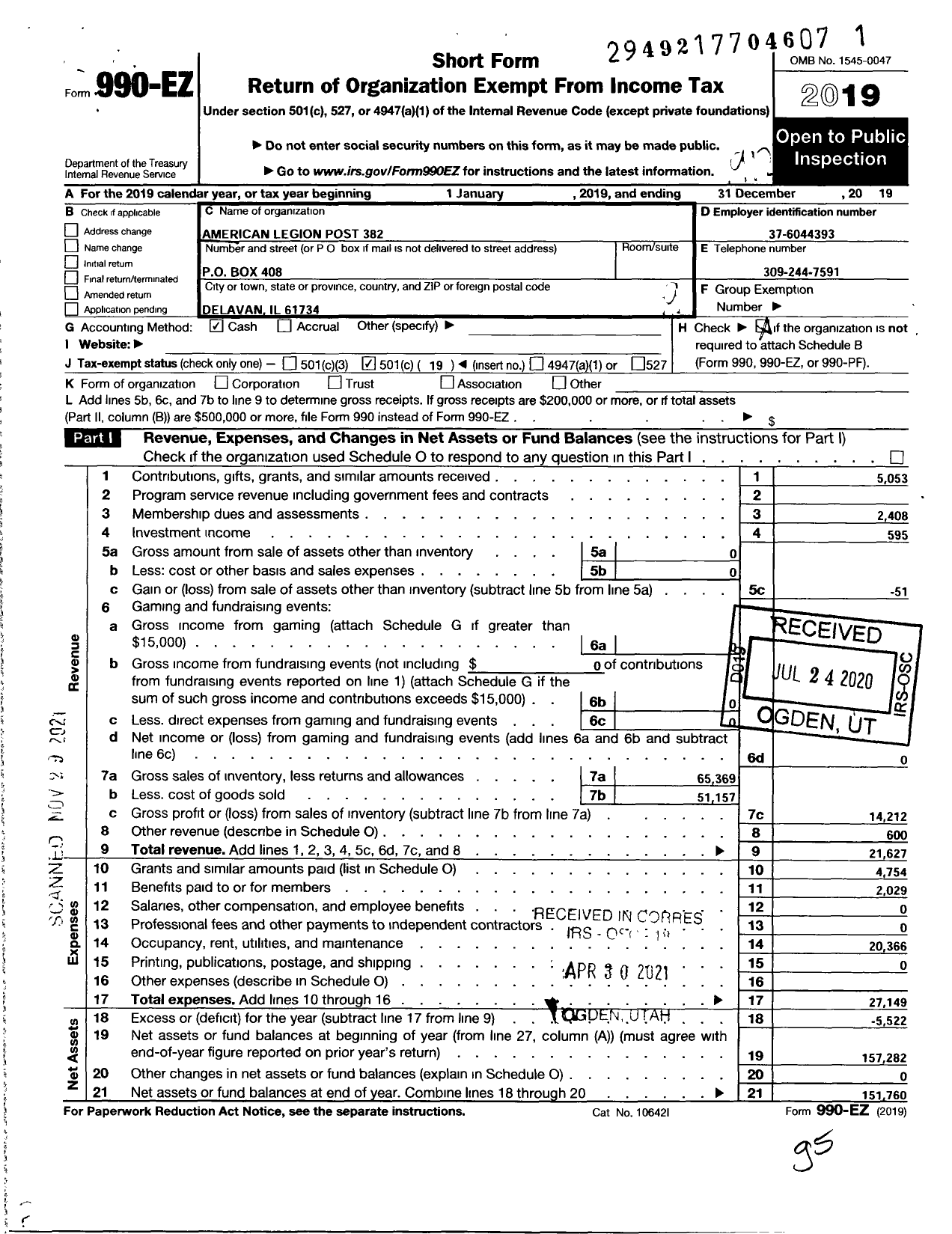 Image of first page of 2019 Form 990EO for American Legion - 0382 Delavan