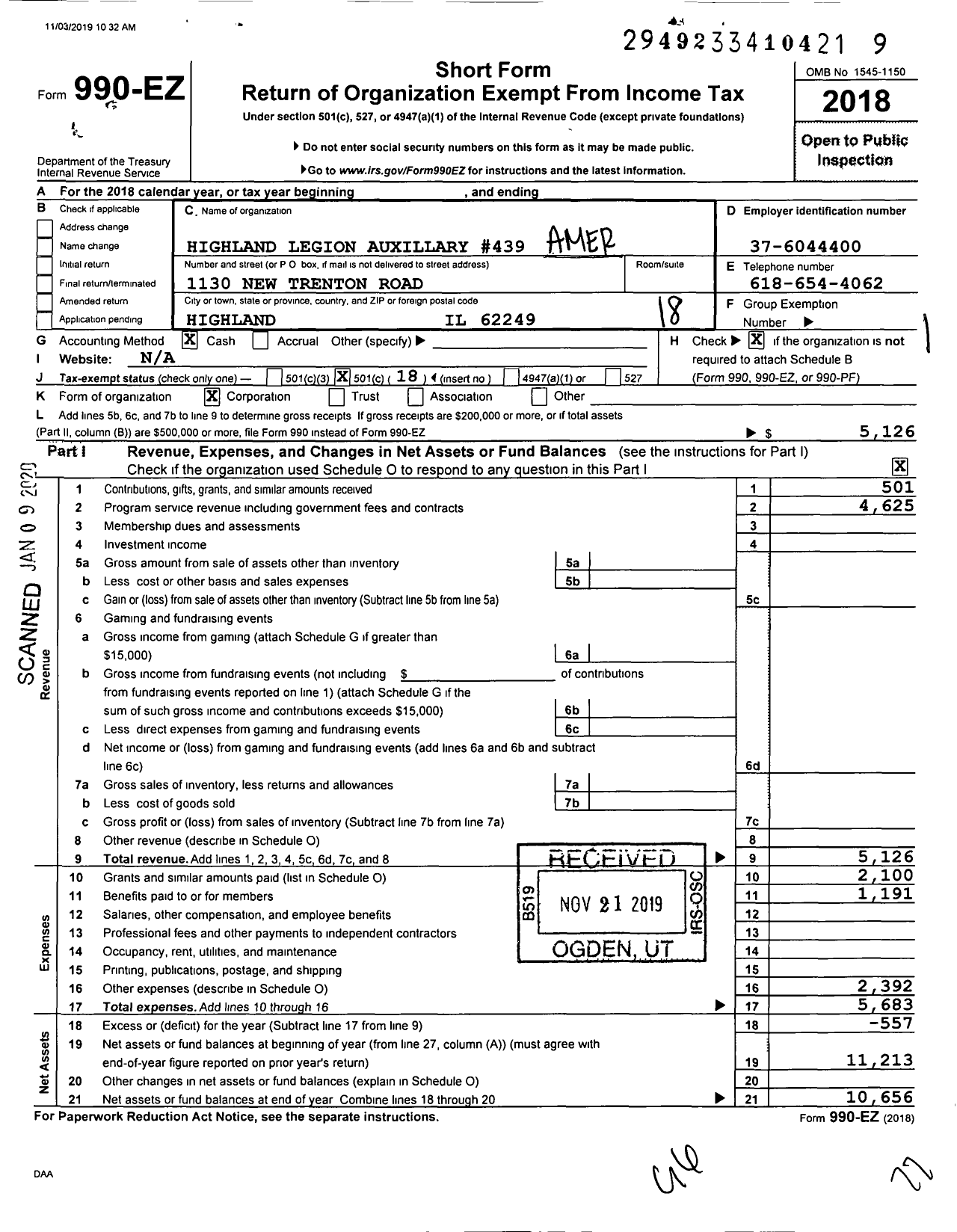 Image of first page of 2018 Form 990EO for American Legion Auxiliary - 439 Highland Legion Auxillary
