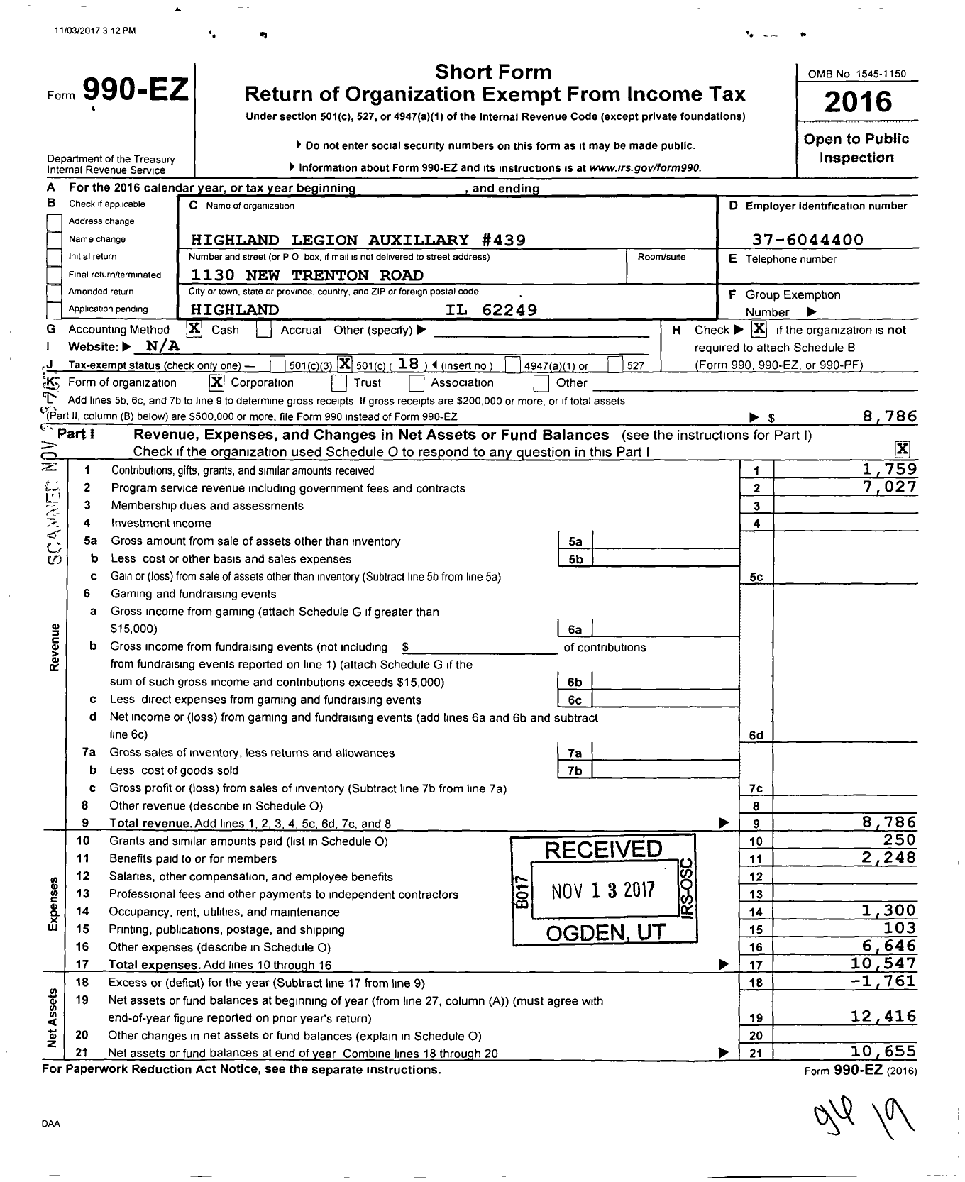 Image of first page of 2016 Form 990EO for American Legion Auxiliary - 439 Highland Legion Auxillary