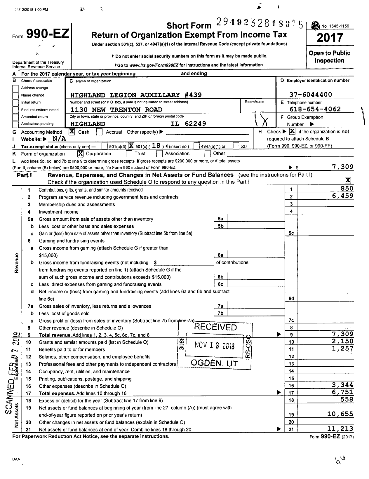 Image of first page of 2017 Form 990EO for American Legion Auxiliary - 439 Highland Legion Auxillary