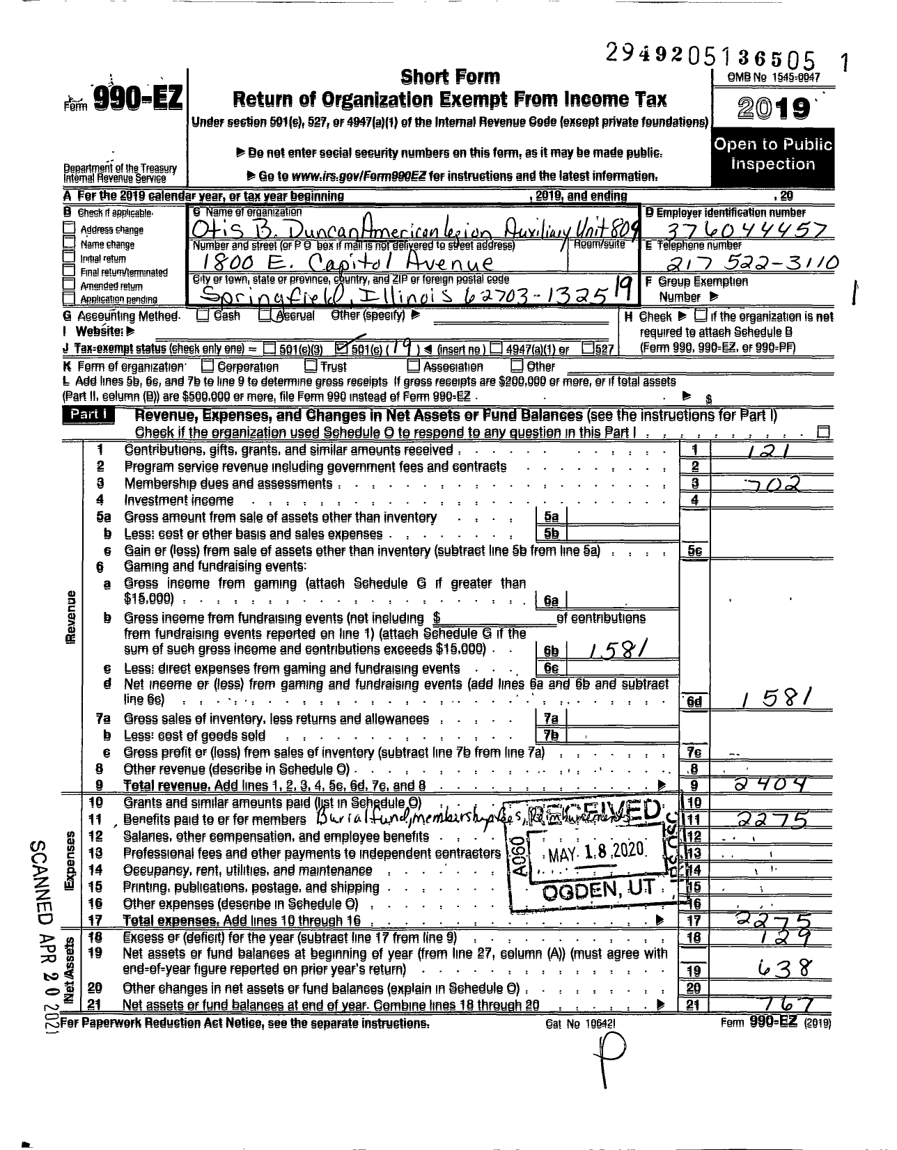 Image of first page of 2019 Form 990EO for American Legion Auxiliary / 809 Col Otis B Duncan